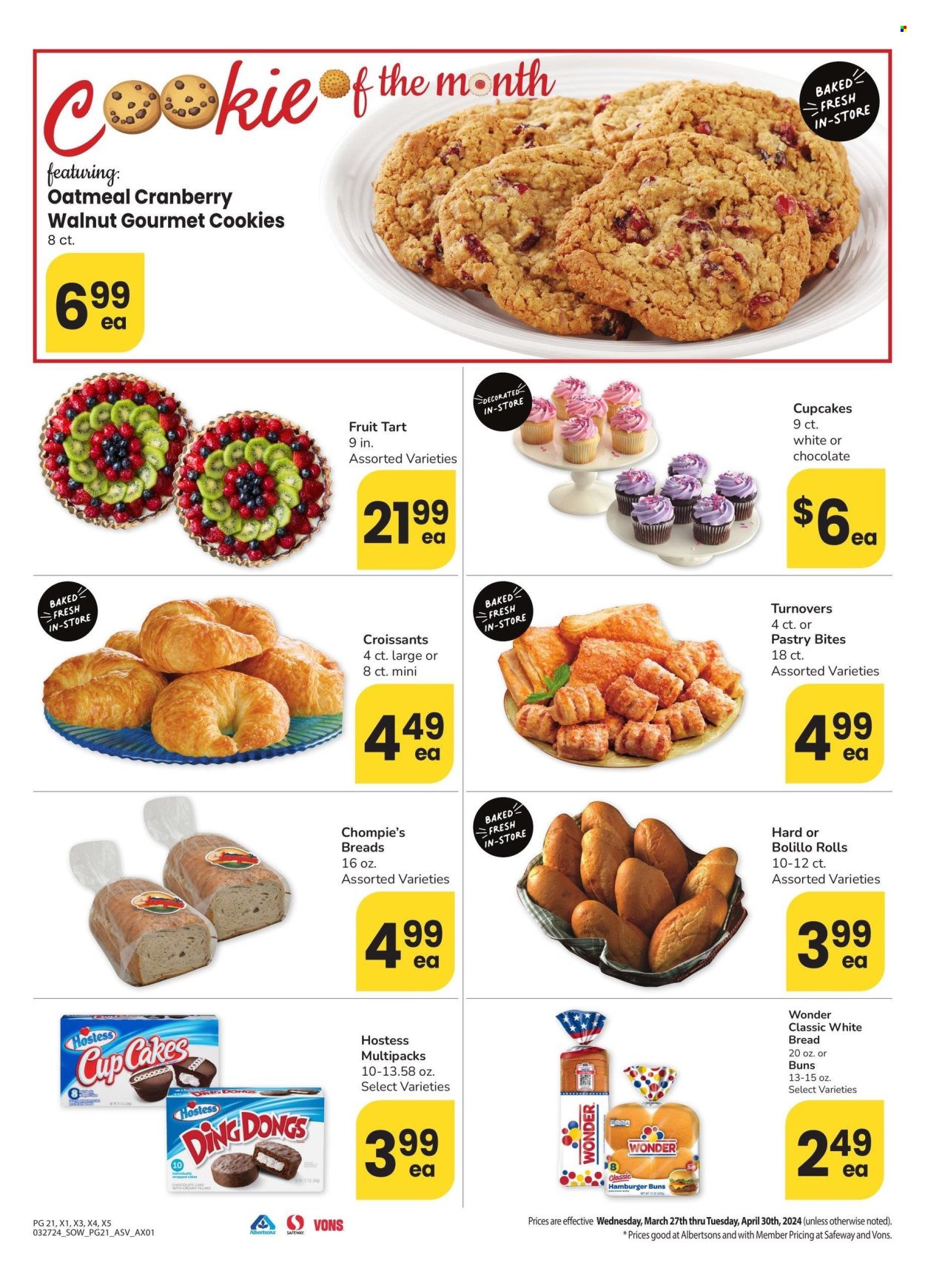 thumbnail - Albertsons Flyer - 03/27/2024 - 04/30/2024 - Sales products - bread, white bread, buns, cupcake, tart, fruit tart, croissant, snack cake, dinner rolls, turnovers, cookies, oatmeal. Page 21.