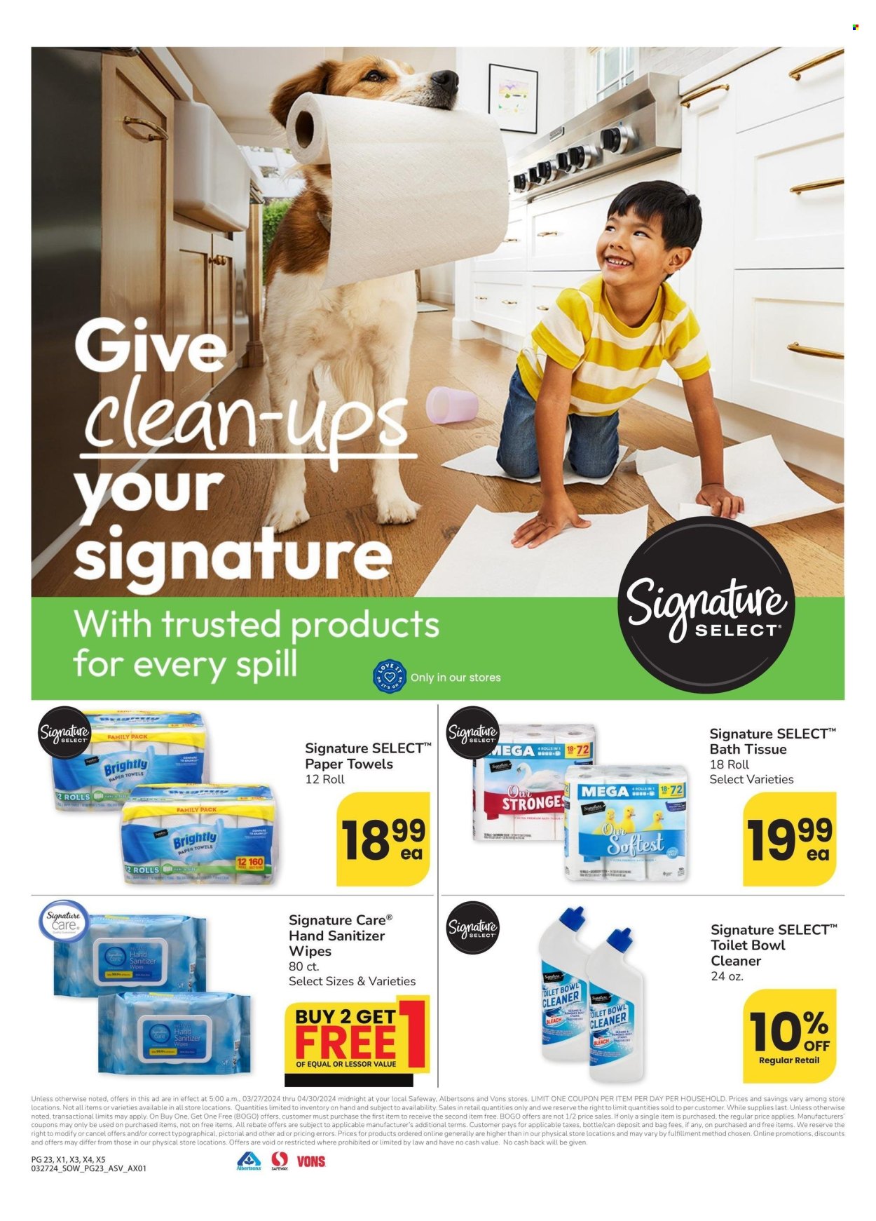 thumbnail - Albertsons Flyer - 03/27/2024 - 04/30/2024 - Sales products - bath tissue, cleaner, toilet cleaner, wipes, hand sanitizer, kitchen towels, paper towels. Page 23.