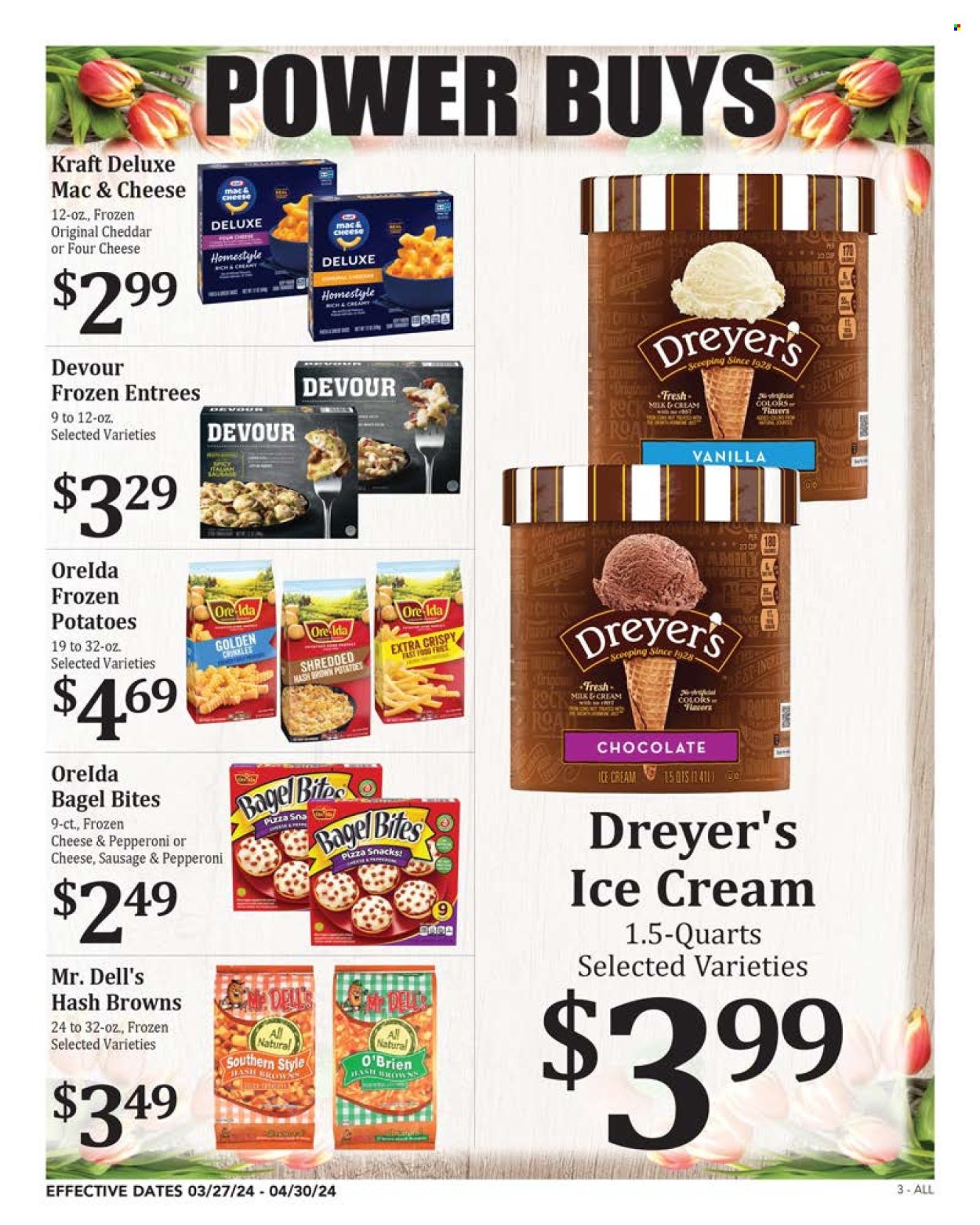 thumbnail - Rosauers Flyer - 03/27/2024 - 04/30/2024 - Sales products - potatoes, macaroni & cheese, snack, Kraft®, ready meal, ice cream, Devour, hash browns, potato fries, Ore-Ida. Page 3.
