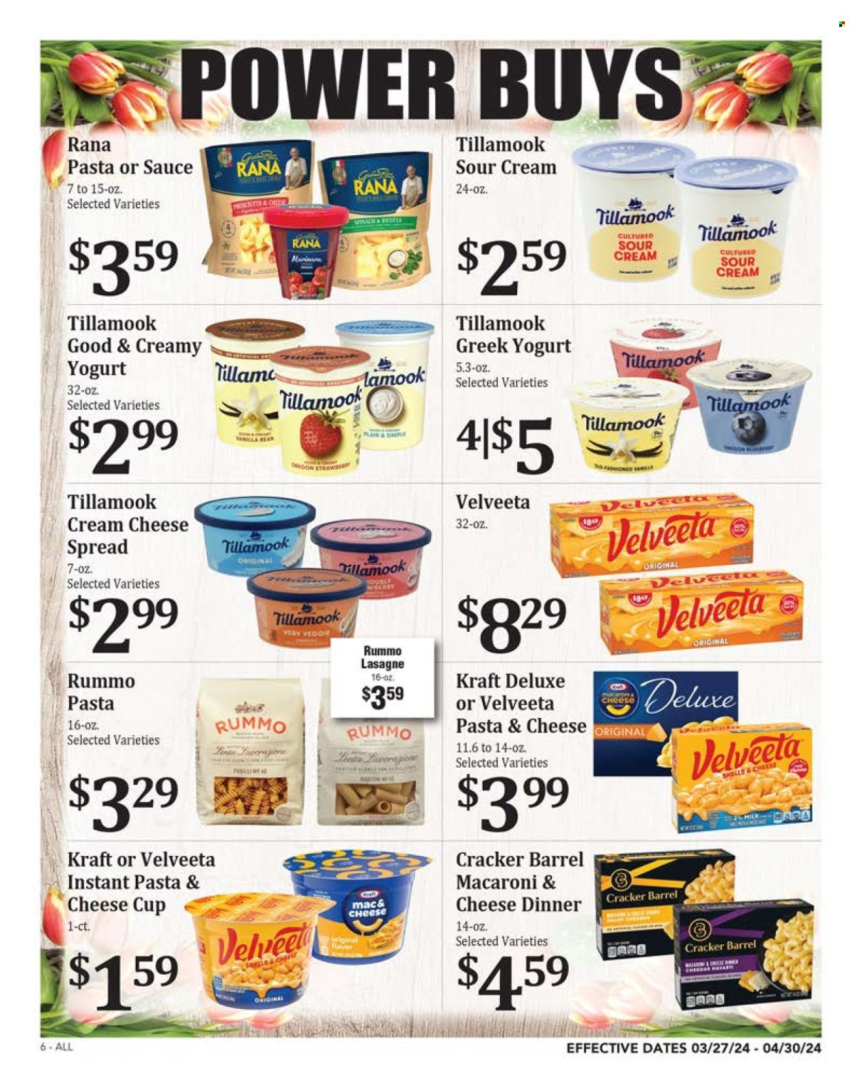 thumbnail - Rosauers Flyer - 03/27/2024 - 04/30/2024 - Sales products - macaroons, macaroni & cheese, Kraft®, Rana, ready meal, cheese spread, cheese cup, Velveeta, greek yoghurt, yoghurt, milk, sour cream. Page 6.