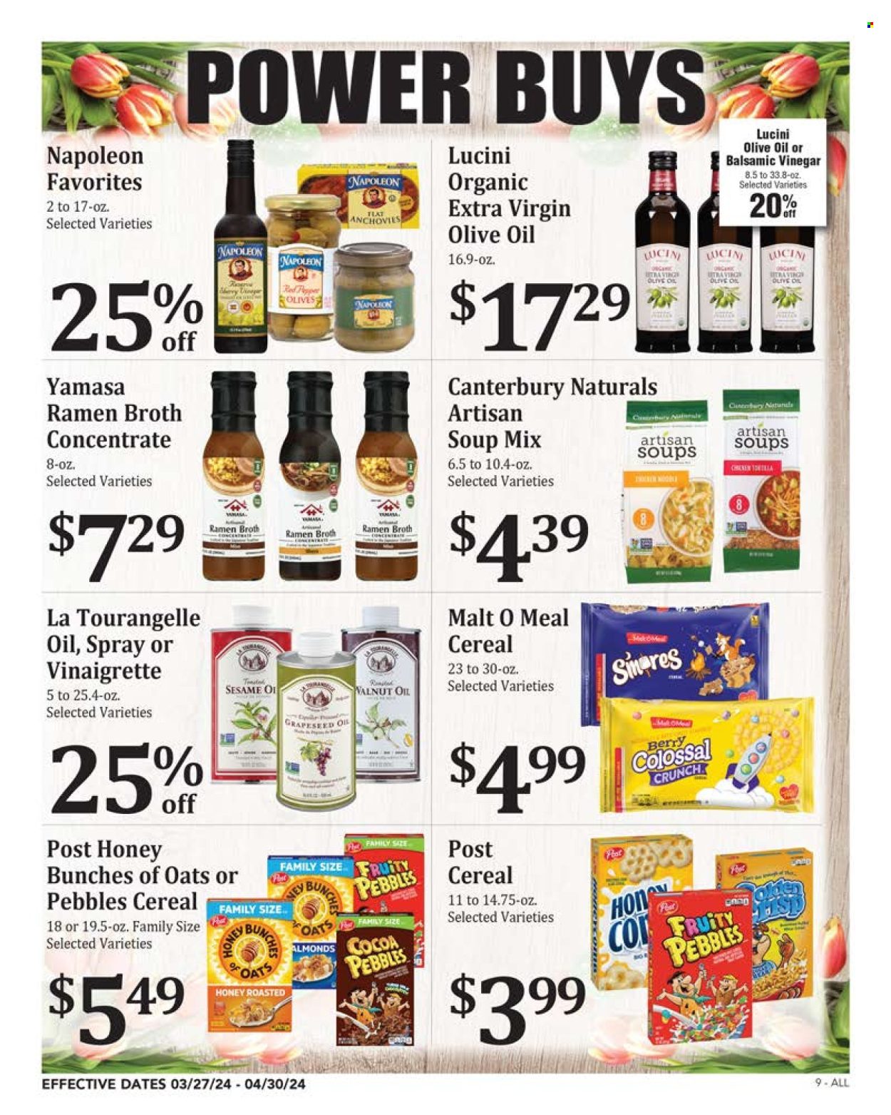 thumbnail - Rosauers Flyer - 03/27/2024 - 04/30/2024 - Sales products - Fruity Pebbles, soup mix, red peppers, ramen, soup, anchovies, broth, cereals, balsamic vinegar, extra virgin olive oil, vinegar, walnut oil, olive oil, grape seed oil, bunches. Page 9.