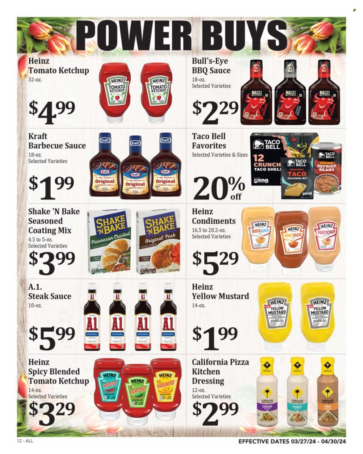 thumbnail - Rosauers Flyer - 03/27/2024 - 04/30/2024 - Sales products - beans, Kraft®, parmesan, Heinz, spice, BBQ sauce, mustard, steak sauce, ketchup, dressing, honey, sauce. Page 12.