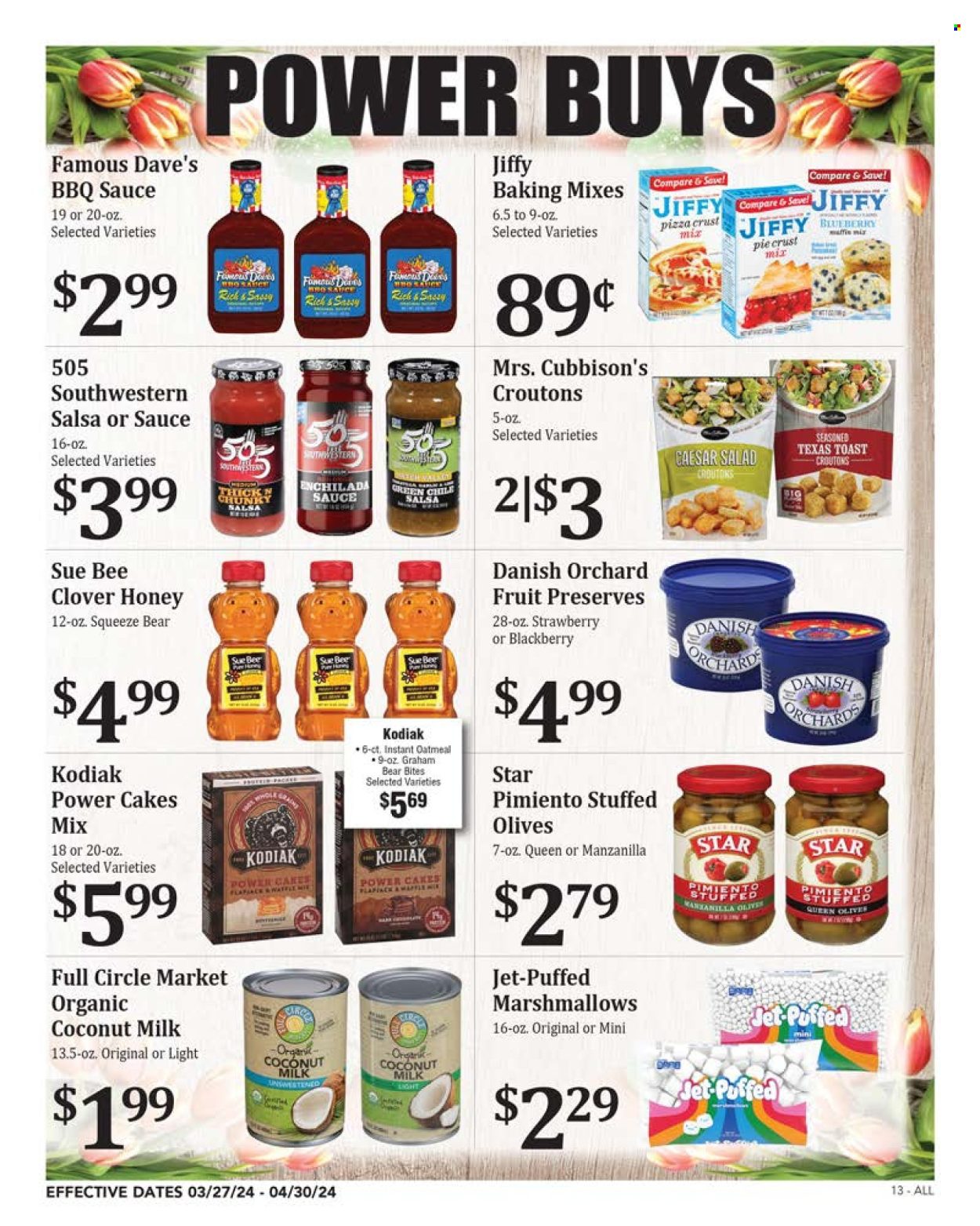 thumbnail - Rosauers Flyer - 03/27/2024 - 04/30/2024 - Sales products - cake, pie crust, salad, pizza, plant-based milk, pizza dough, marshmallows, croutons, oatmeal, baking mix, coconut milk, enchilada sauce, olives, BBQ sauce, salsa, honey, Jiffy, sauce. Page 13.
