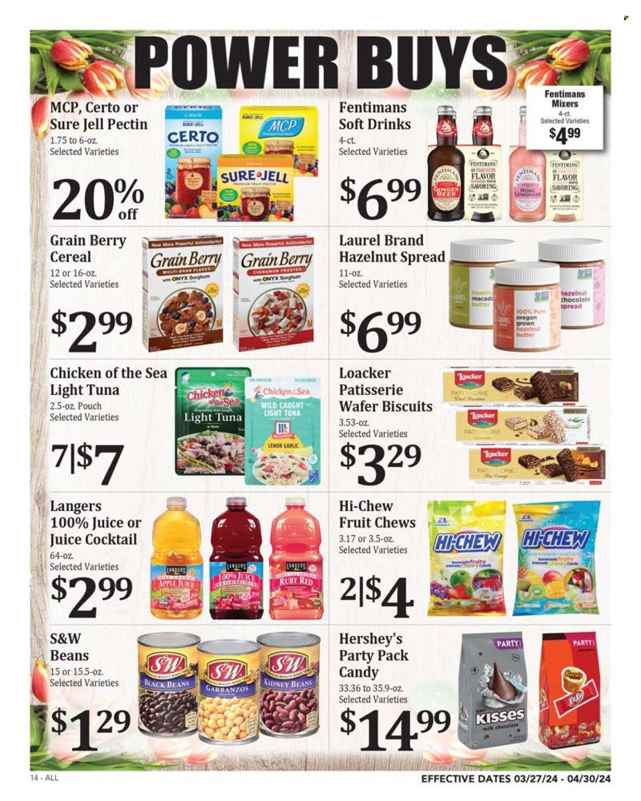 thumbnail - Rosauers Flyer - 03/27/2024 - 04/30/2024 - Sales products - beans, tuna, butter, Hershey's, milk chocolate, wafers, chewing gum, biscuit, Candy, sweets, black beans, kidney beans, light tuna, Chicken of the Sea, cereals, cinnamon, apple juice, lemonade, fruit drink, soft drink, alcohol, beer, ginger beer, Sure. Page 14.