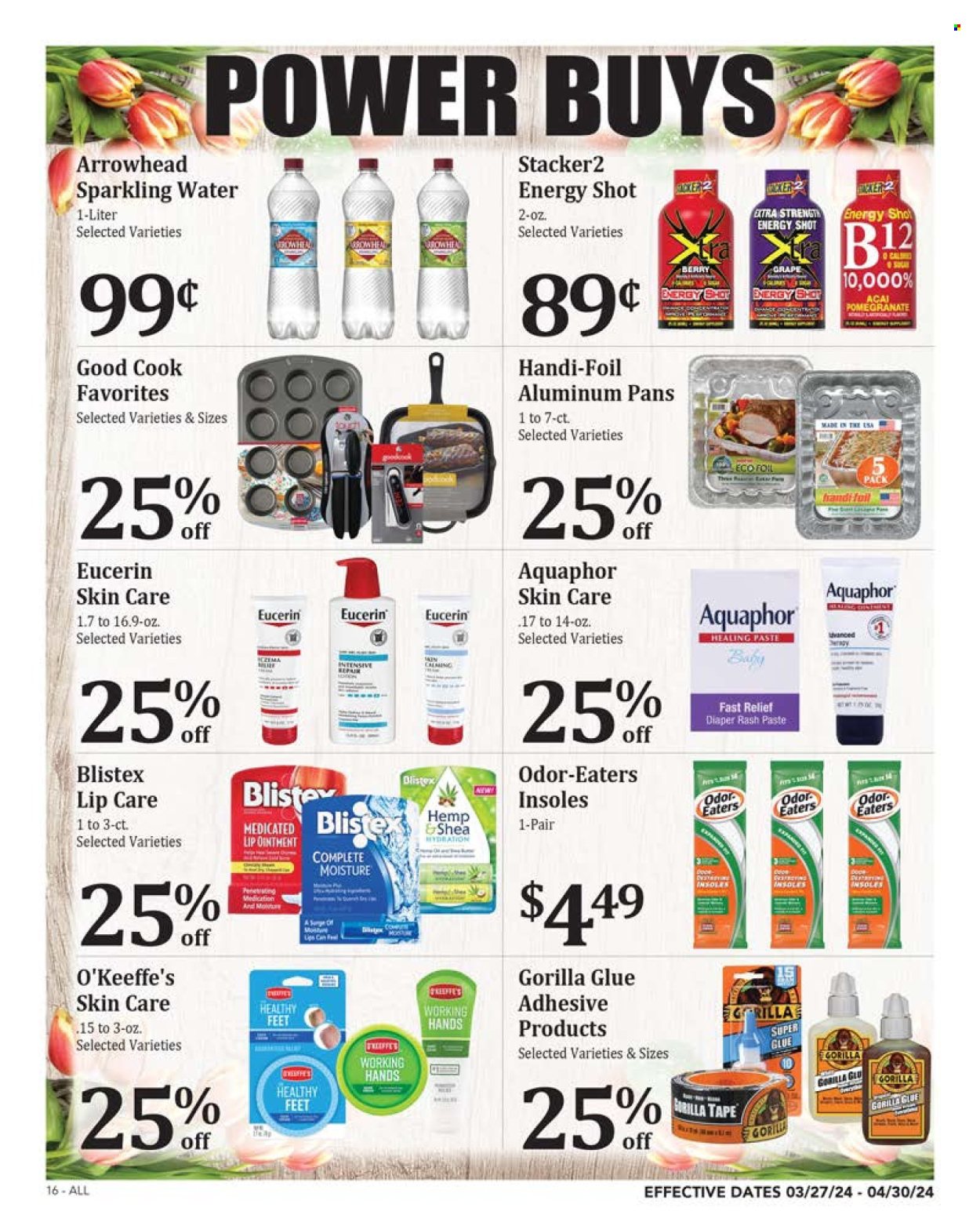 thumbnail - Rosauers Flyer - 03/27/2024 - 04/30/2024 - Sales products - energy shot, sparkling water, water, Aquaphor, skin care product, Eucerin. Page 16.