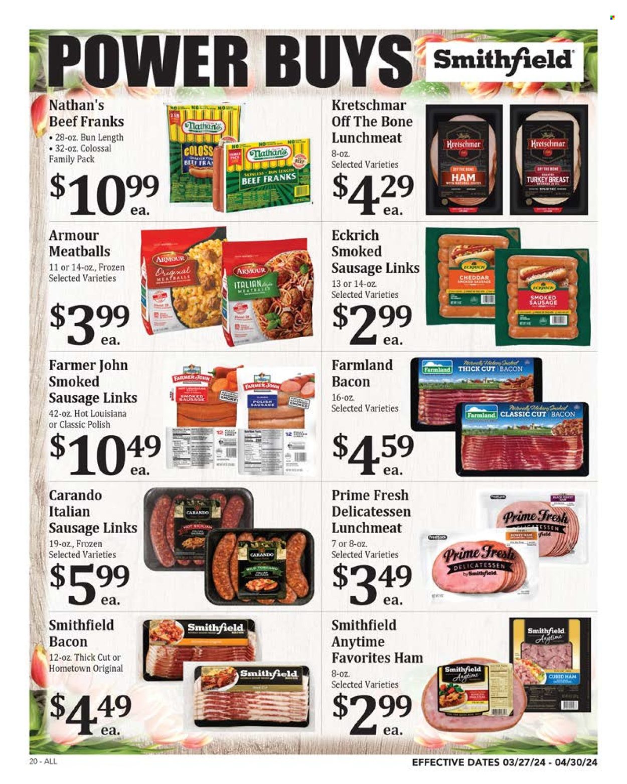 thumbnail - Rosauers Flyer - 03/27/2024 - 04/30/2024 - Sales products - meatballs, bacon, ham, sausage, smoked sausage, polish sausage, italian sausage, frankfurters, lunch meat, cheddar, cheese, turkey. Page 20.