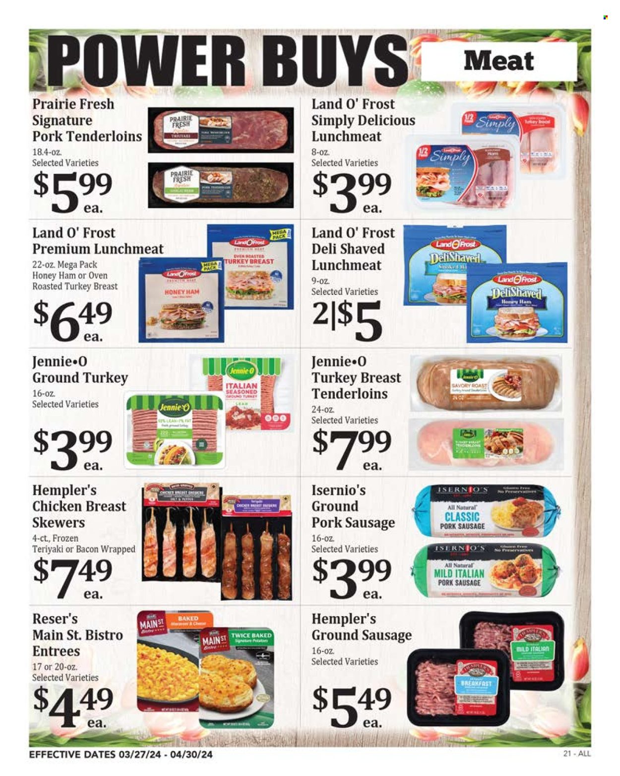 thumbnail - Rosauers Flyer - 03/27/2024 - 04/30/2024 - Sales products - roast, ready meal, sliced meat, sausage, pork sausage, lunch meat, ground turkey, turkey tenderloin, meat skewer, pork meat, pork tenderloin. Page 21.
