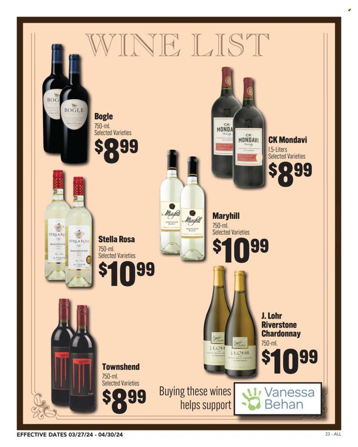 thumbnail - Rosauers Flyer - 03/27/2024 - 04/30/2024 - Sales products - white wine, Chardonnay, wine, alcohol, Moscato, Bogle. Page 23.