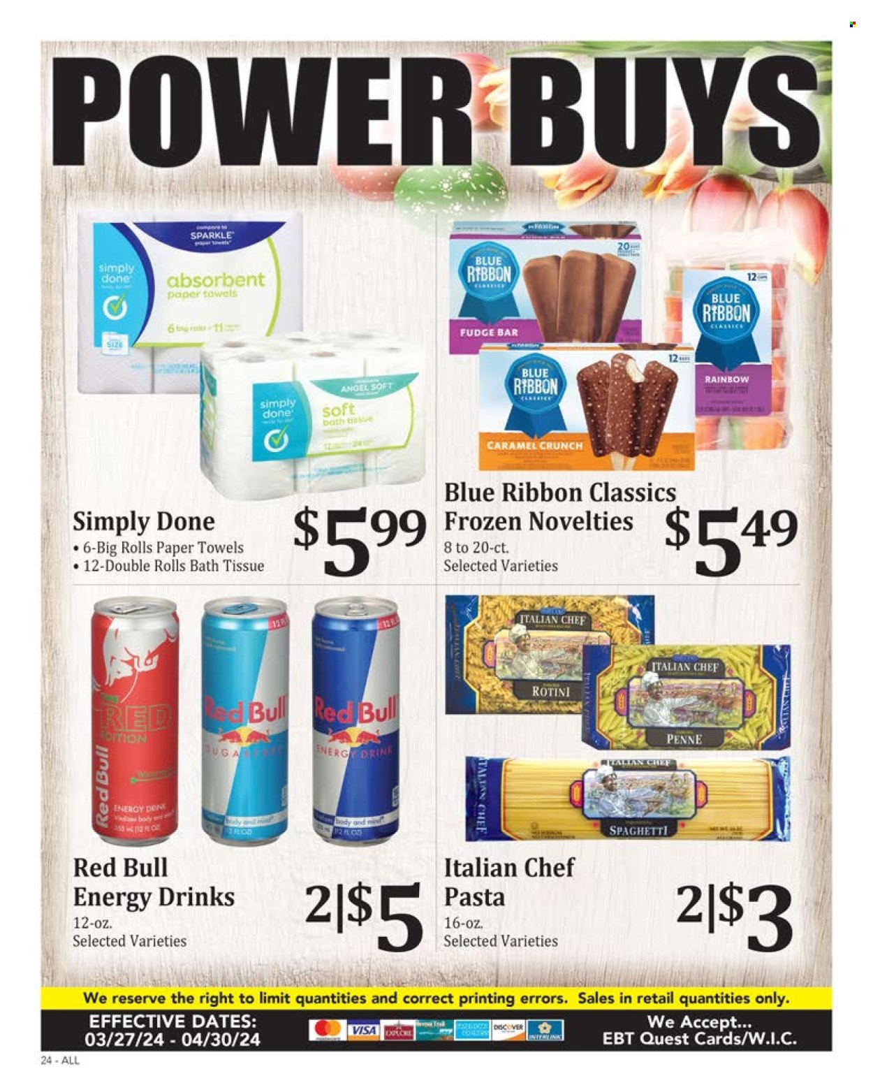 thumbnail - Rosauers Flyer - 03/27/2024 - 04/30/2024 - Sales products - Blue Ribbon, spaghetti, pasta, ice cream, ice cream bars, fudge, penne, caramel, energy drink, Red Bull, bath tissue, kitchen towels, paper towels. Page 24.