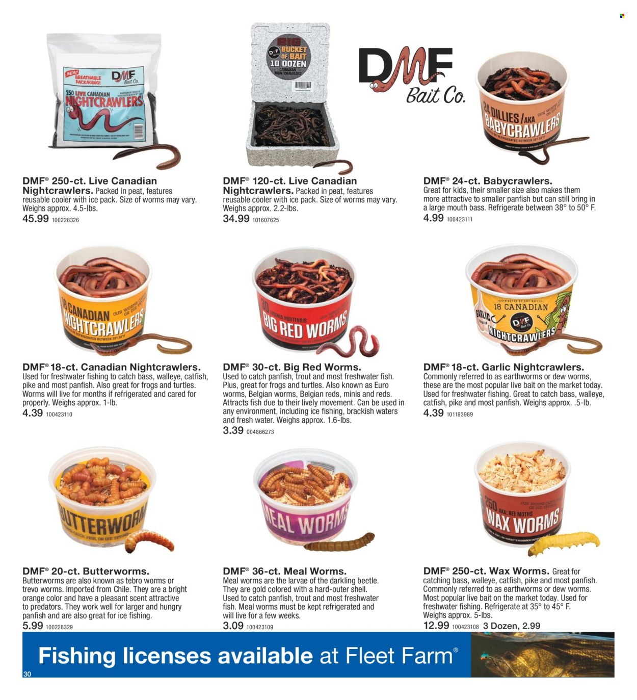 thumbnail - Fleet Farm Flyer - 03/28/2024 - 07/03/2024 - Sales products - garlic, water, fish, animal food, butterworms, mealworms, nightcrawlers, wax worms, big red worms, ice fishing, Shell. Page 30.