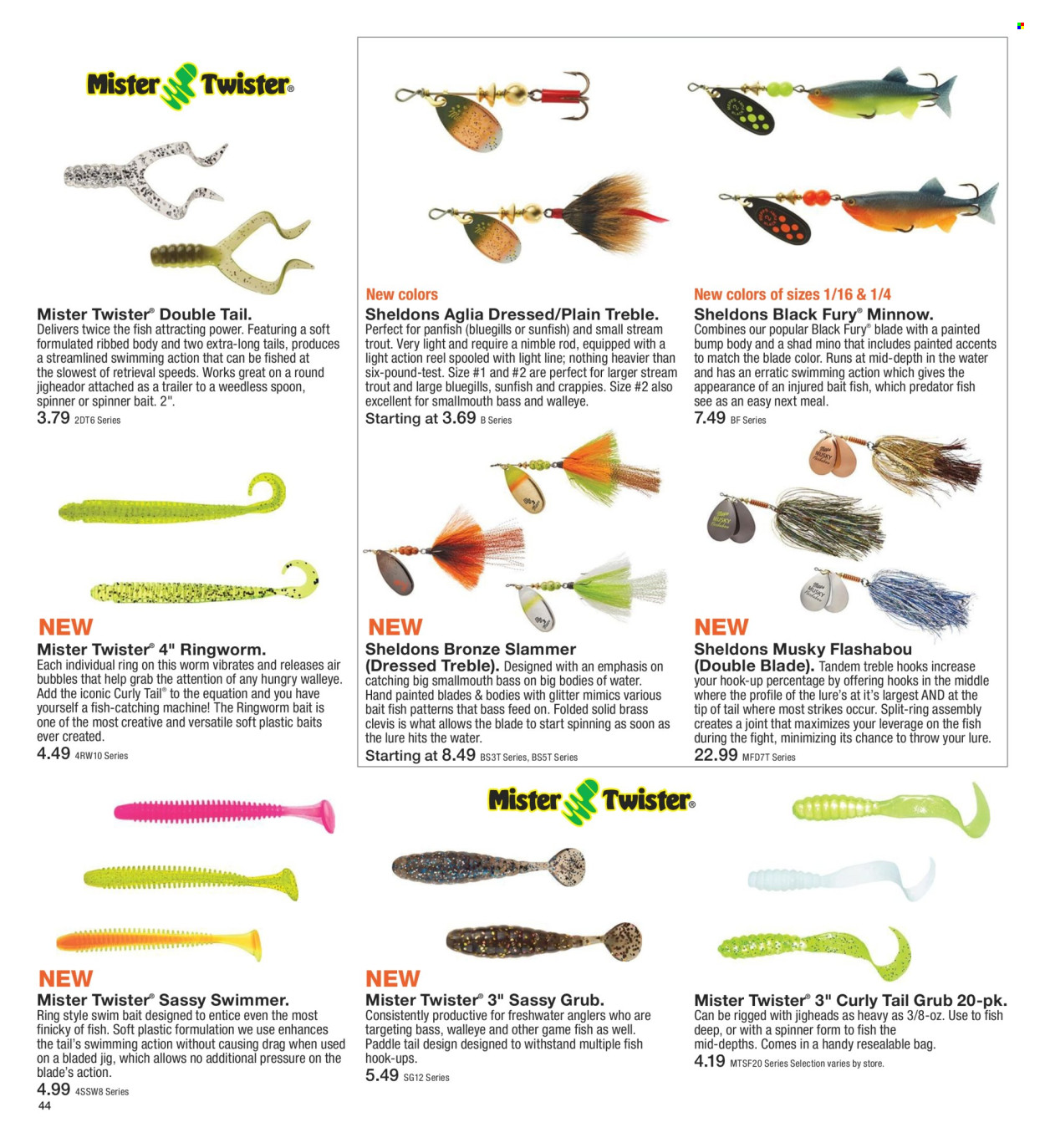 thumbnail - Fleet Farm Flyer - 03/28/2024 - 07/03/2024 - Sales products - Twister, water, spoon, glitter, fish, reel, jig, spinner. Page 44.