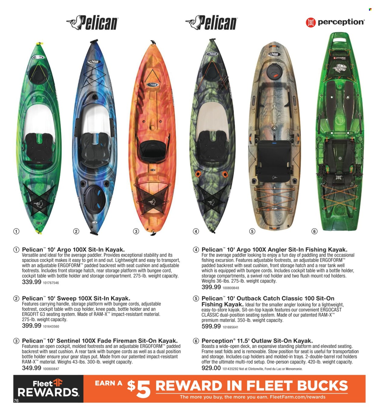 thumbnail - Fleet Farm Flyer - 03/28/2024 - 07/03/2024 - Sales products - bottle holder, seat cushion, cushion, back pillow, tank, knee pads, fishing kayak, XTM, drink holder, rod holder, table, bungee cords, nutritional supplement. Page 76.
