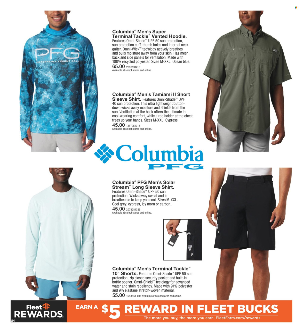 thumbnail - Fleet Farm Flyer - 03/28/2024 - 07/03/2024 - Sales products - Columbia, water, bottle opener, hoodie, shorts, long-sleeve shirt, shirt. Page 84.