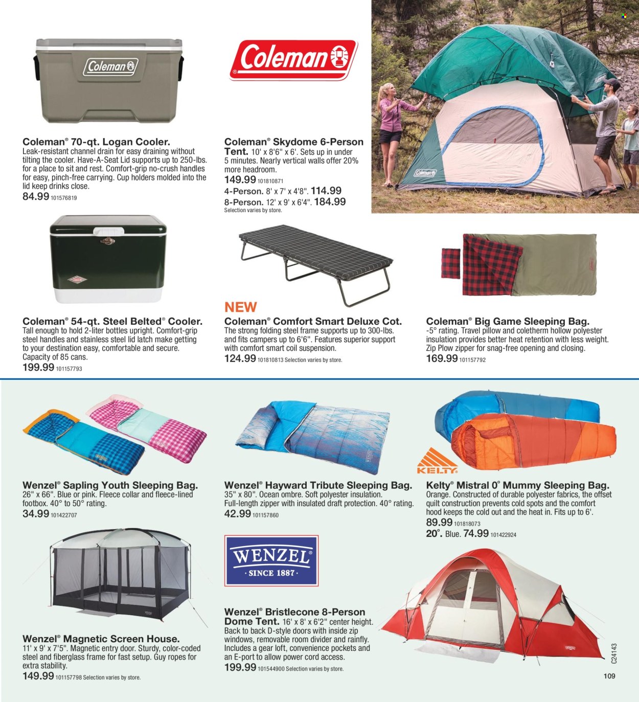 thumbnail - Fleet Farm Flyer - 03/28/2024 - 07/03/2024 - Sales products - Coleman, lid, cup, pillow, quilt, travel pillow, sleeping bag, tent, cot. Page 109.