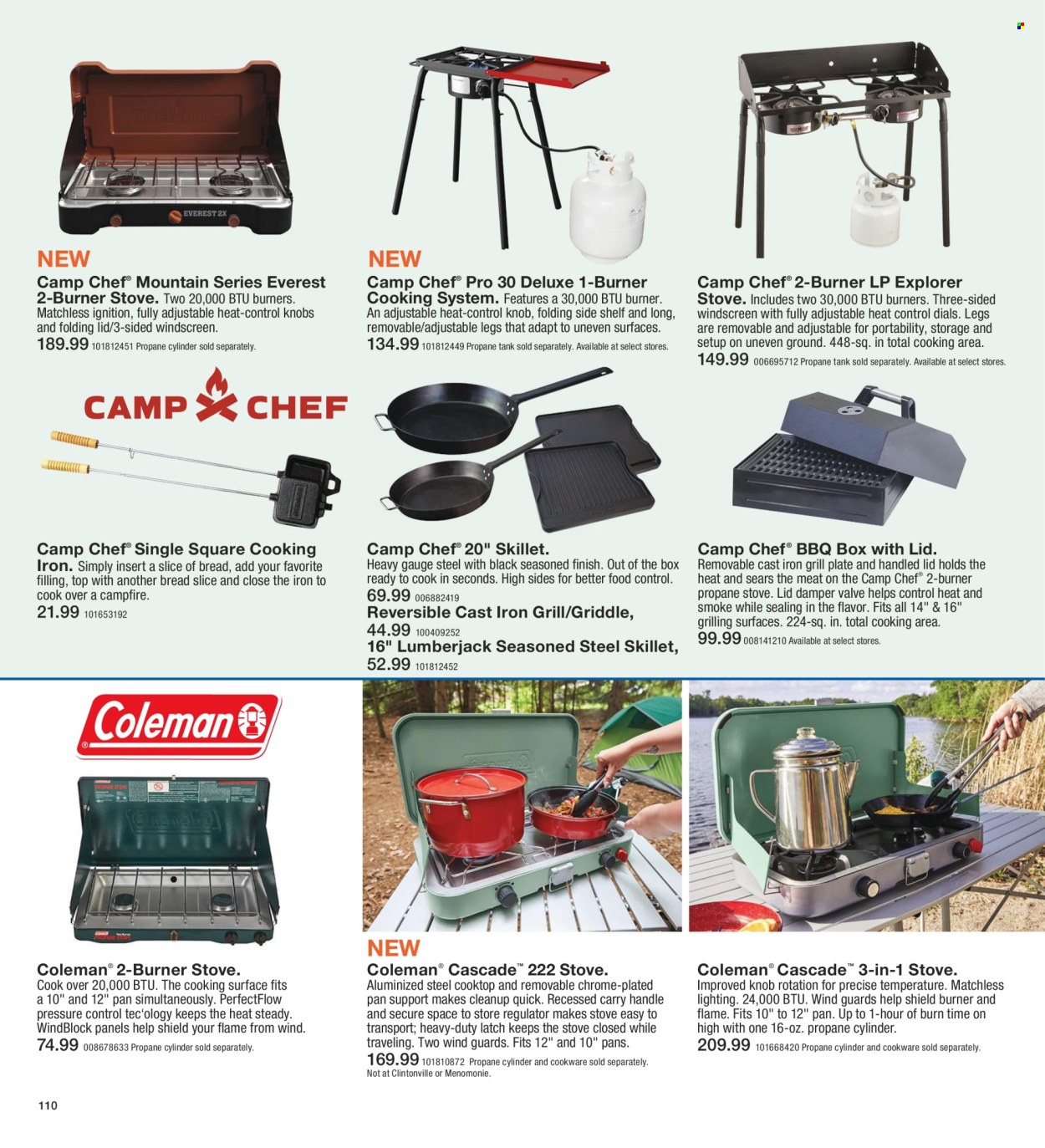 thumbnail - Fleet Farm Flyer - 03/28/2024 - 07/03/2024 - Sales products - Coleman, bread, cookware set, pan, box with lids, stove, lighting, propane tank, gas cylinder, gauge, griller tray, griddle. Page 110.
