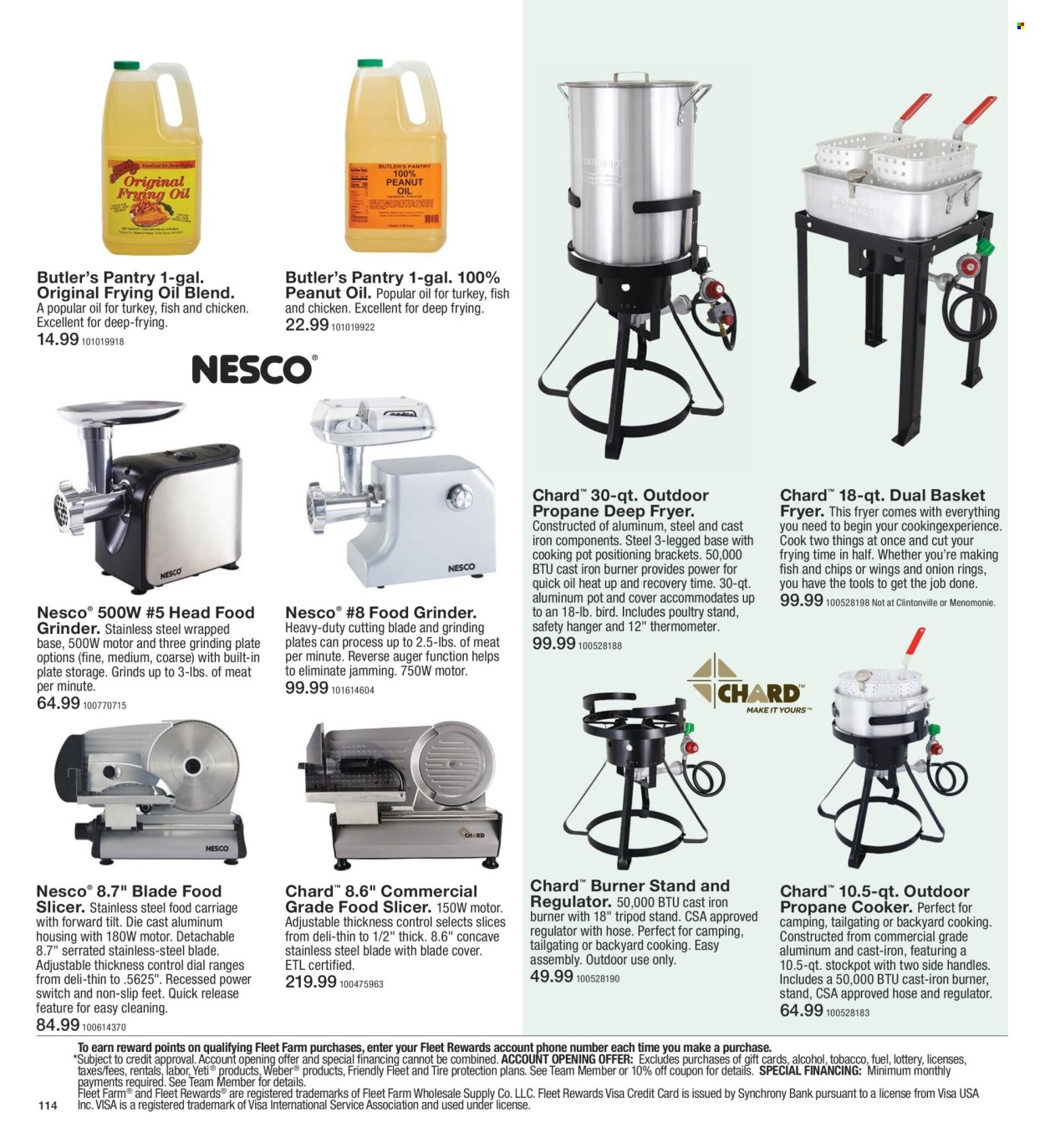 thumbnail - Fleet Farm Flyer - 03/28/2024 - 07/03/2024 - Sales products - stockpot, peanut oil, thermometer, hanger, pot, slicer, tripod, tripod stand, grinder, chard. Page 114.