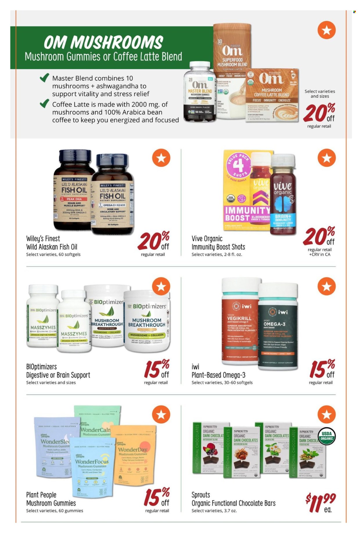 thumbnail - Sprouts Flyer - 03/27/2024 - 04/30/2024 - Sales products - sprouts, Digestive, chocolate bar, Boost, coffee, turkey, cap, fish oil, Melatonin, Omega-3, dietary supplement. Page 8.