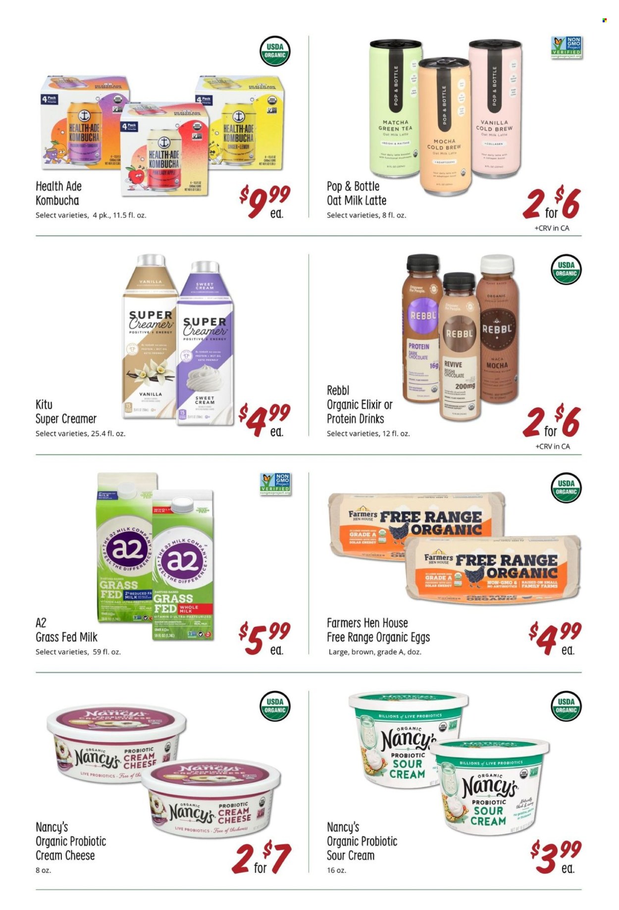 thumbnail - Sprouts Flyer - 03/27/2024 - 04/30/2024 - Sales products - Pink Lady, cream cheese, cheese, protein drink, plant-based milk, sour cream, creamer, protein chocolate, kombucha, coffee drink, green tea, matcha, tea, probiotics, dietary supplement, eggs. Page 34.