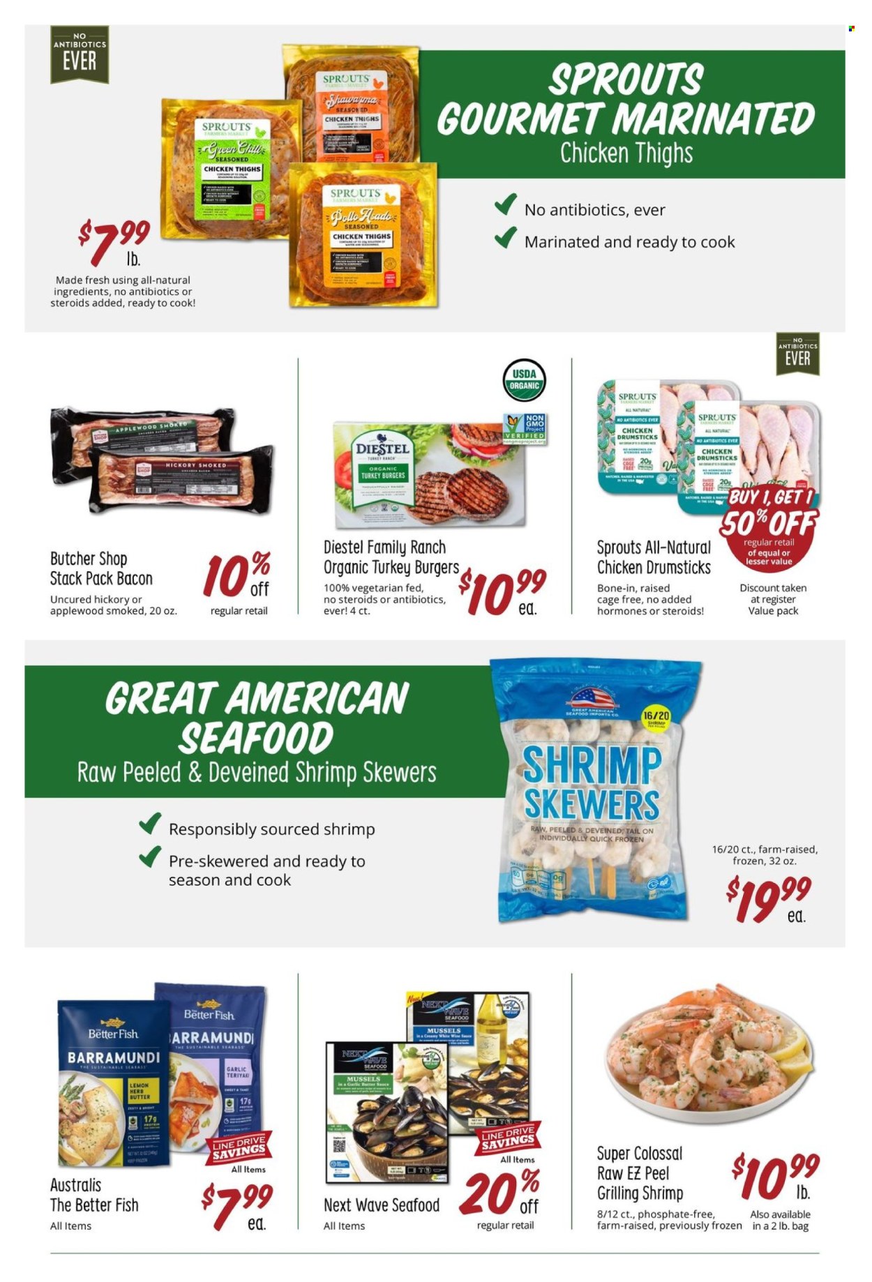 thumbnail - Sprouts Flyer - 03/27/2024 - 04/30/2024 - Sales products - lemons, barramundi, mussels, fish, shrimps, shrimp skewers, hamburger, bacon, crushed garlic, cage free eggs, wine, alcohol, chicken thighs, chicken drumsticks, marinated chicken, chicken, turkey burger. Page 38.