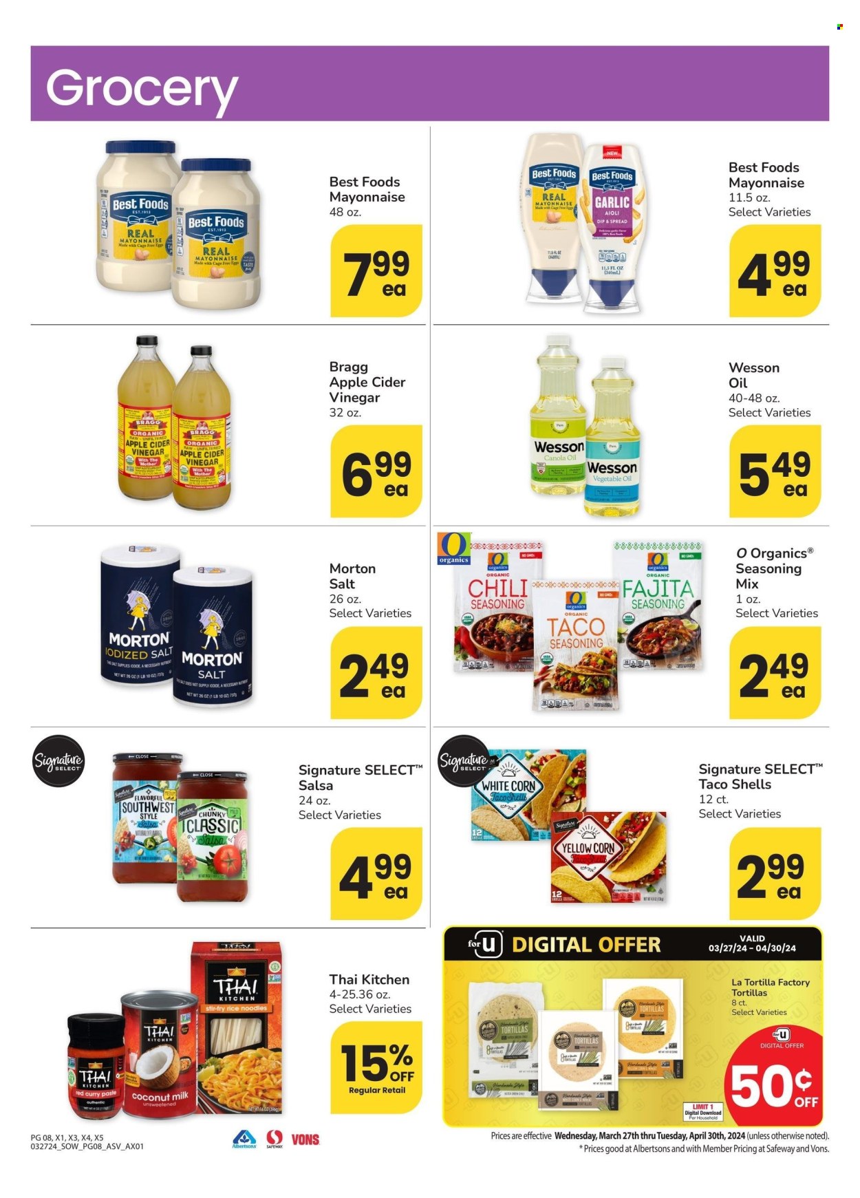 thumbnail - Vons Flyer - 03/27/2024 - 04/30/2024 - Sales products - tortillas, tacos, noodles, red curry, plant-based milk, cage free eggs, mayonnaise, coconut milk, rice vermicelli, spice, Fajita seasoning, curry paste, salsa, apple cider vinegar, canola oil, vegetable oil, vinegar, oil, eggs. Page 8.