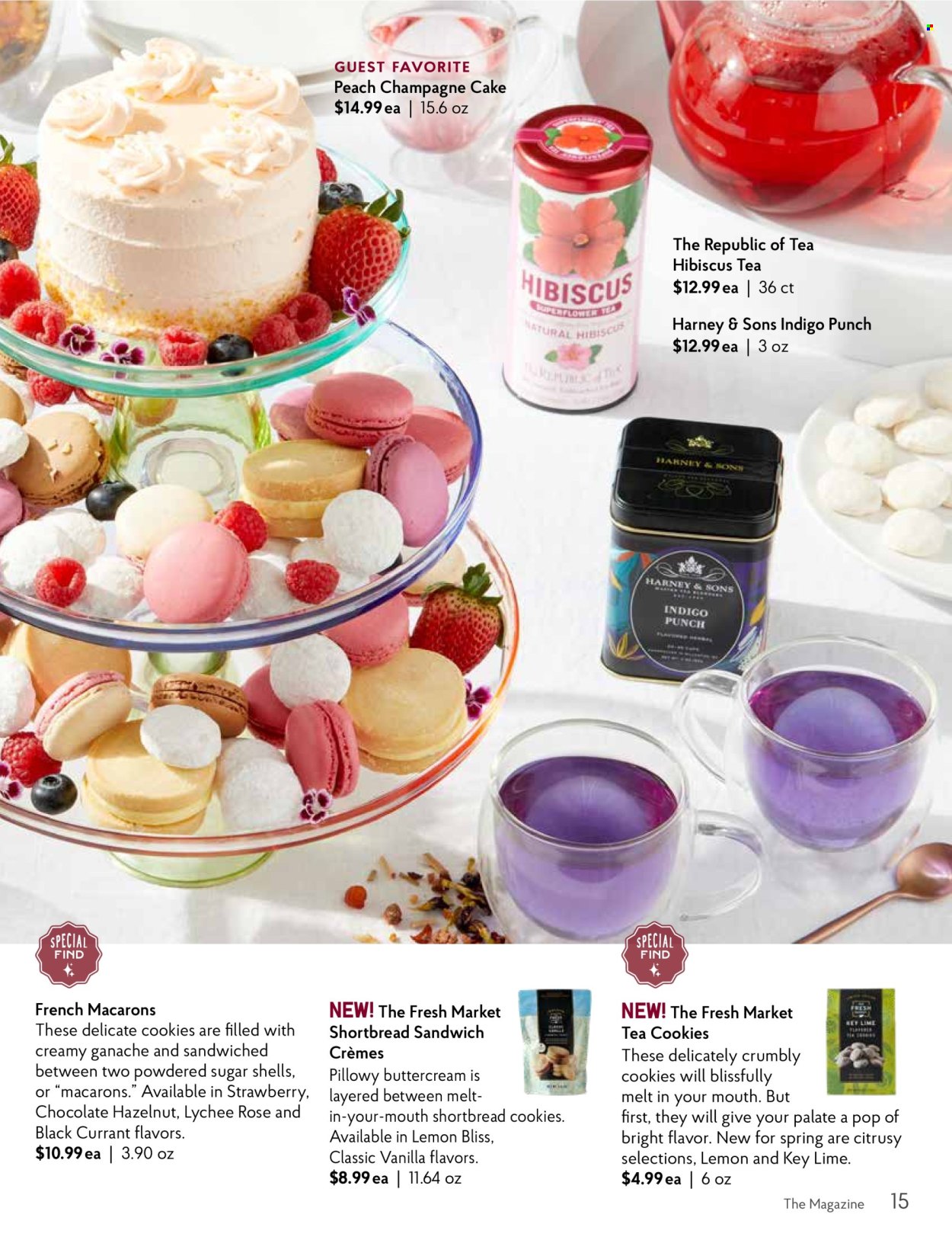 thumbnail - The Fresh Market Flyer - 04/03/2024 - 04/30/2024 - Sales products - cake, macaroons, lychee, lemons, sandwich, cookies, biscuit, sugar, icing sugar, tea, sparkling wine, champagne, alcohol, punch. Page 15.