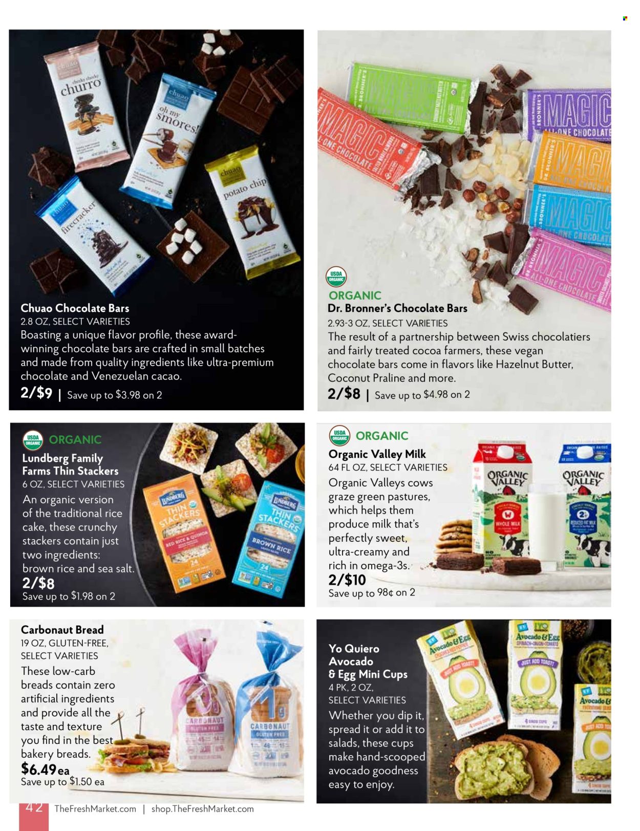 thumbnail - The Fresh Market Flyer - 04/03/2024 - 04/30/2024 - Sales products - rice cakes, avocado, milk, butter, chocolate bar, bars, potato chips, chips, cocoa, sea salt, brown rice, Graze, eggs. Page 42.