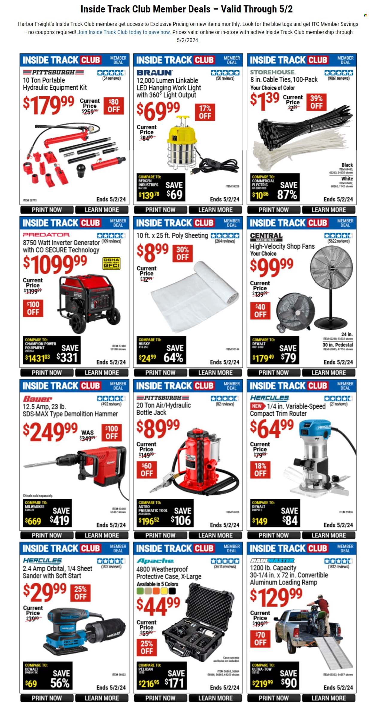 thumbnail - Harbor Freight Flyer - 03/29/2024 - 05/02/2024 - Sales products - Braun, sheeting, work light, Milwaukee, hammer, generator, inverter generator, cable tie, pedestal, floor jack. Page 1.