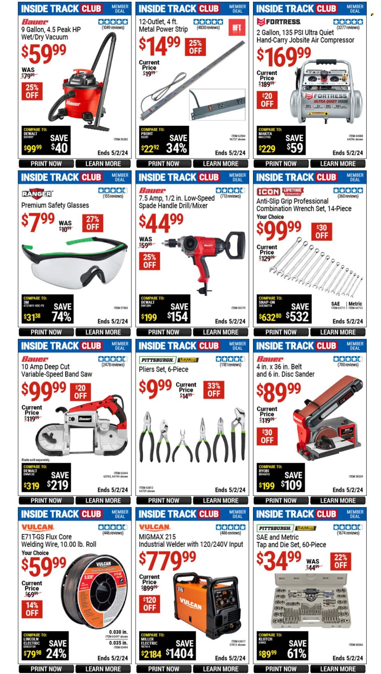 thumbnail - Harbor Freight Flyer - 03/29/2024 - 05/02/2024 - Sales products - compressor, power strip, vacuum cleaner, drill, wrench, saw, disc sander, band saw, pliers, wrench set, spade, air compressor, safety glasses, belt, welder, welding wire. Page 3.