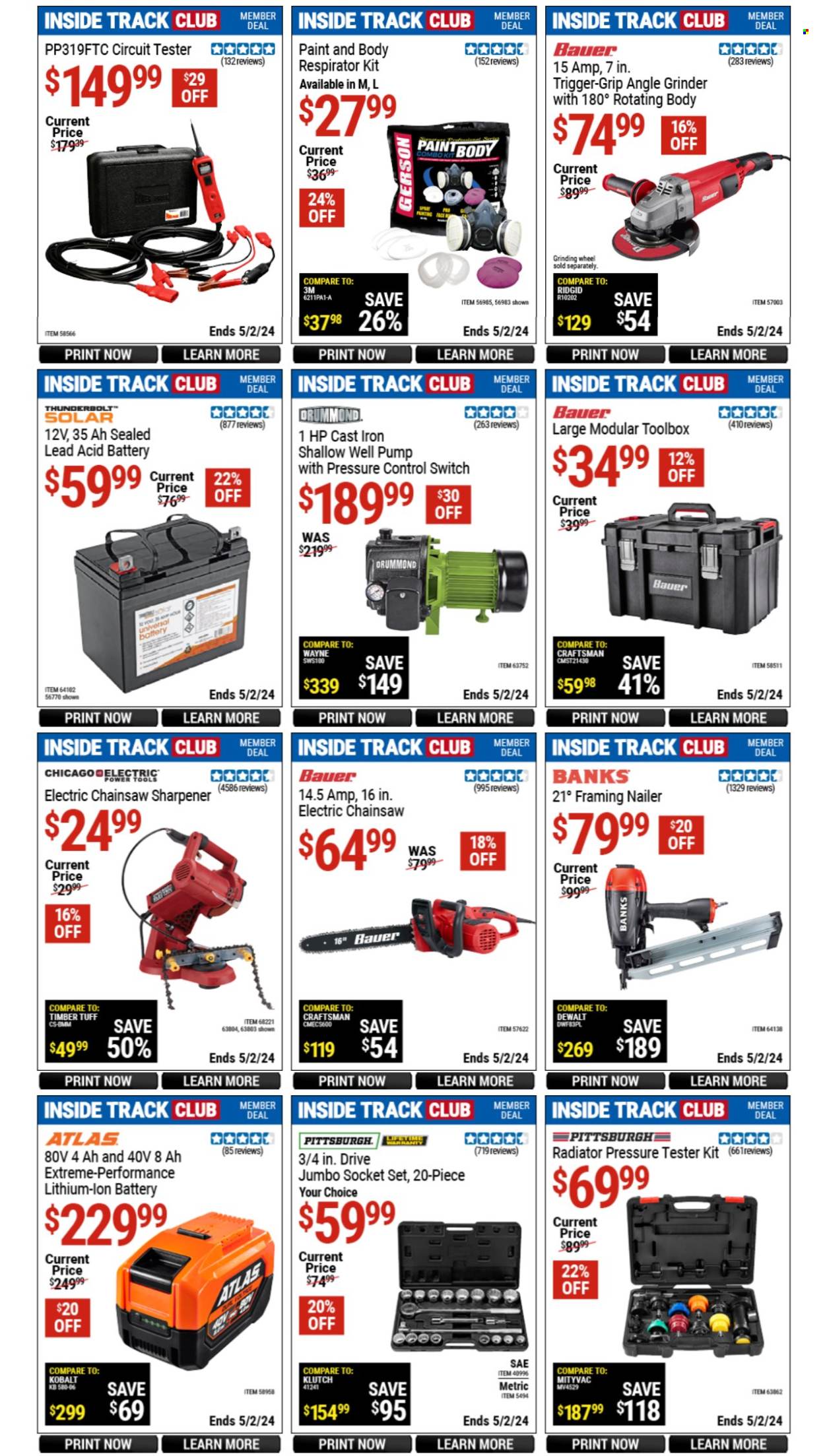 thumbnail - Harbor Freight Flyer - 03/29/2024 - 05/02/2024 - Sales products - paint, radiator, power tools, Ridgid, chain saw, angle grinder, grinding wheel, tool box, socket set, combo kit, respirator, pump. Page 5.