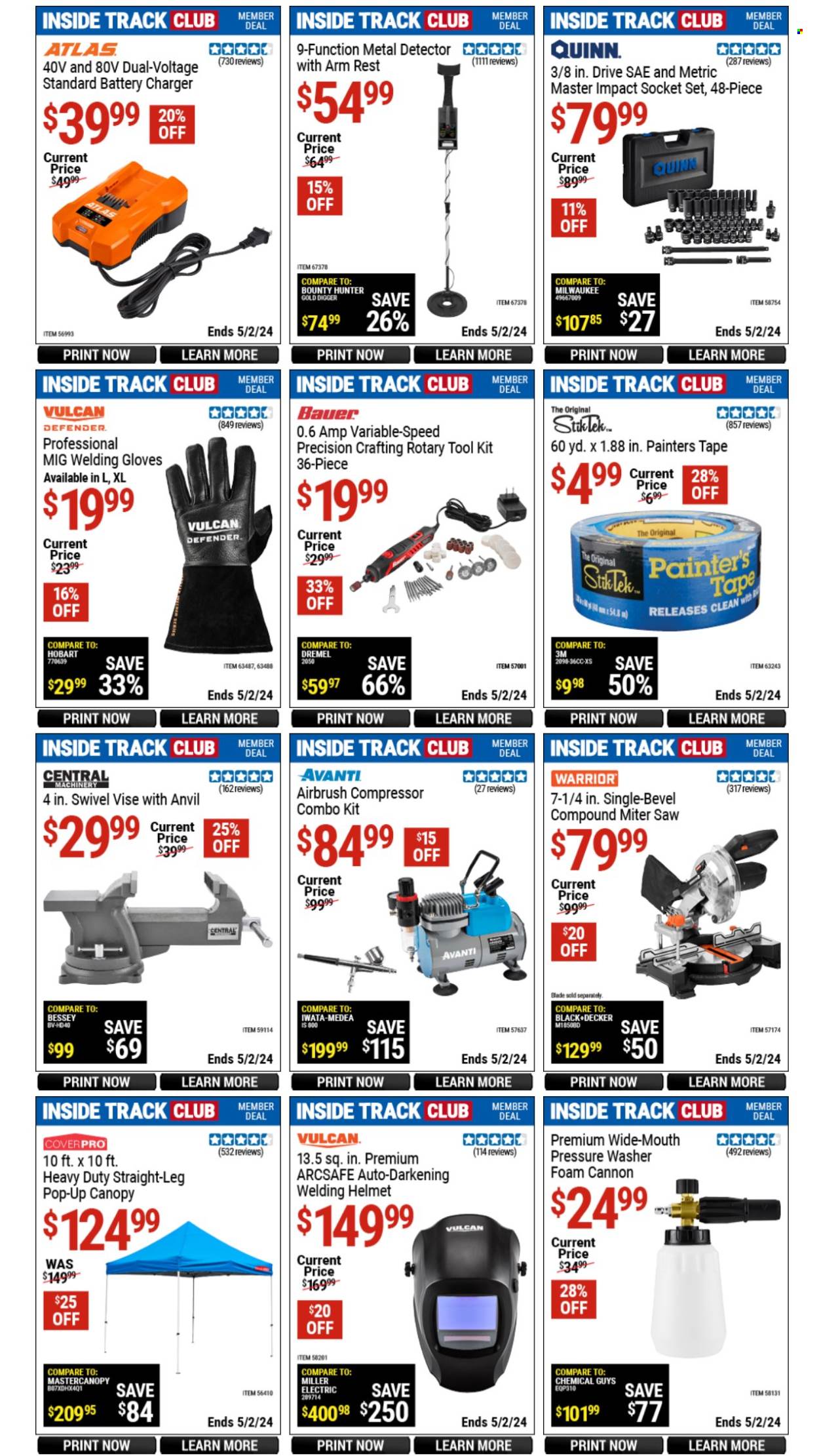 thumbnail - Harbor Freight Flyer - 03/29/2024 - 05/02/2024 - Sales products - compressor, battery charger, Black & Decker, metal detector, paint accessories, Milwaukee, rotary tool, saw, socket set, combo kit, tool set, air compressor, welding helmet, welding gloves, pressure washer. Page 6.