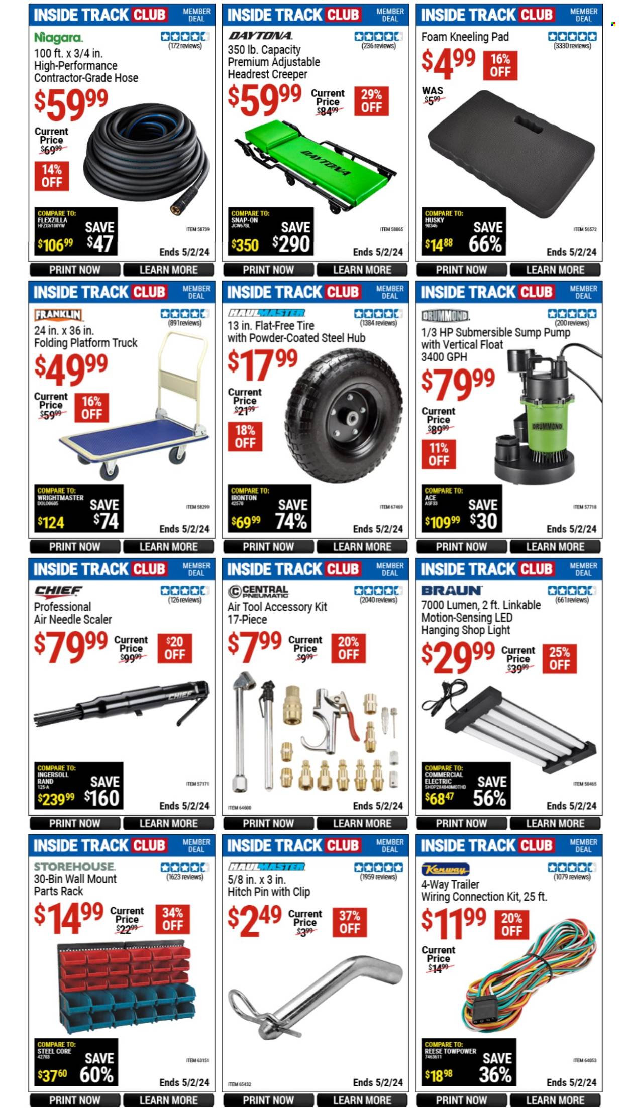 thumbnail - Harbor Freight Flyer - 03/29/2024 - 05/02/2024 - Sales products - Ace, Braun, knee pads, shop light, Reese Towpower, trailer, platform truck, pump, creeper, central pneumatic. Page 7.