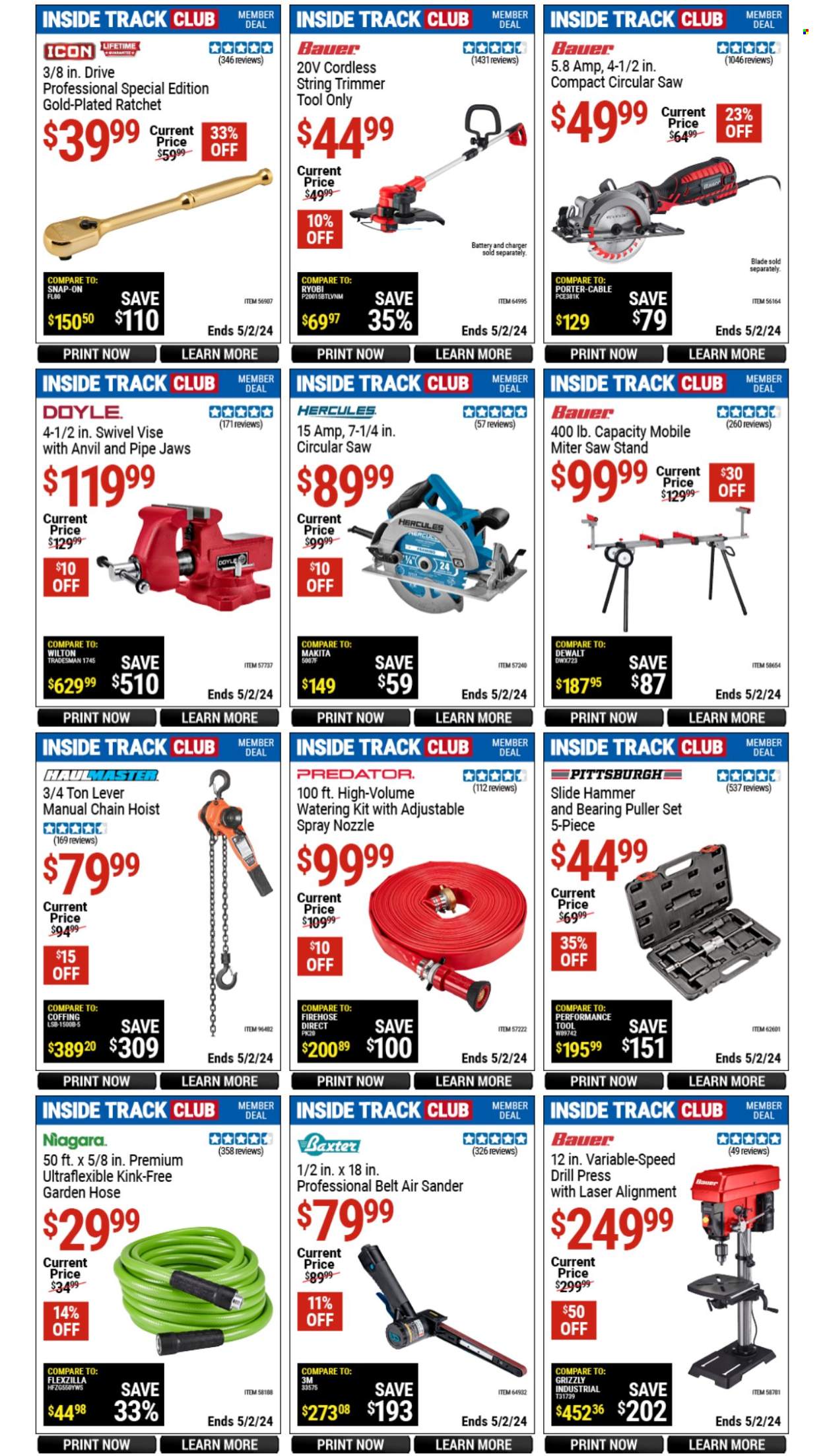 thumbnail - Harbor Freight Flyer - 03/29/2024 - 05/02/2024 - Sales products - hammer, circular saw, saw, string trimmer, hand tools, belt, saw stand, garden hose, hose accessories. Page 9.