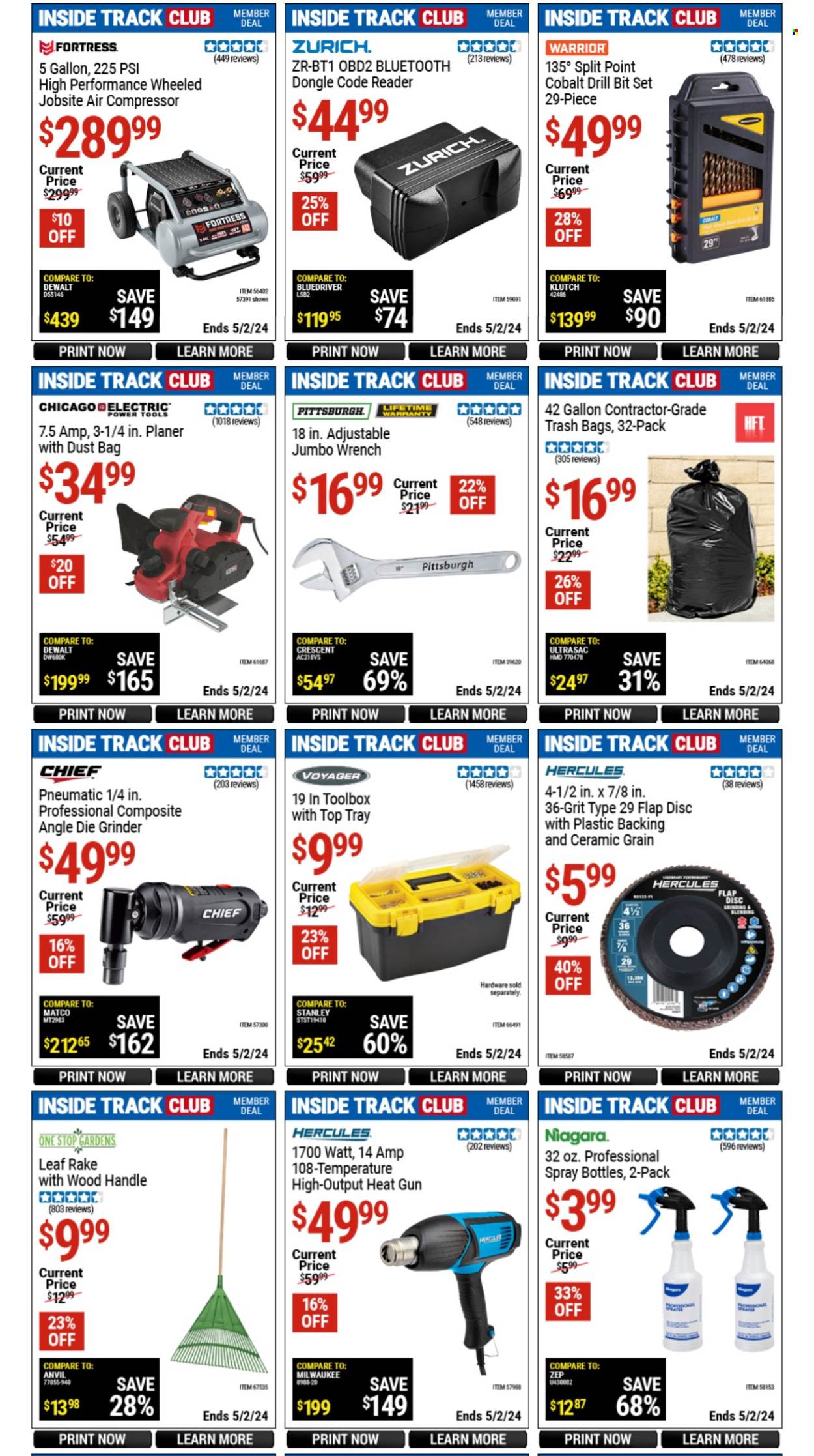 thumbnail - Harbor Freight Flyer - 03/29/2024 - 05/02/2024 - Sales products - compressor, bag, tray, Milwaukee, power tools, wrench, drill bit set, grinder, planer, tool box, heat gun, air compressor, bit set, rake. Page 10.