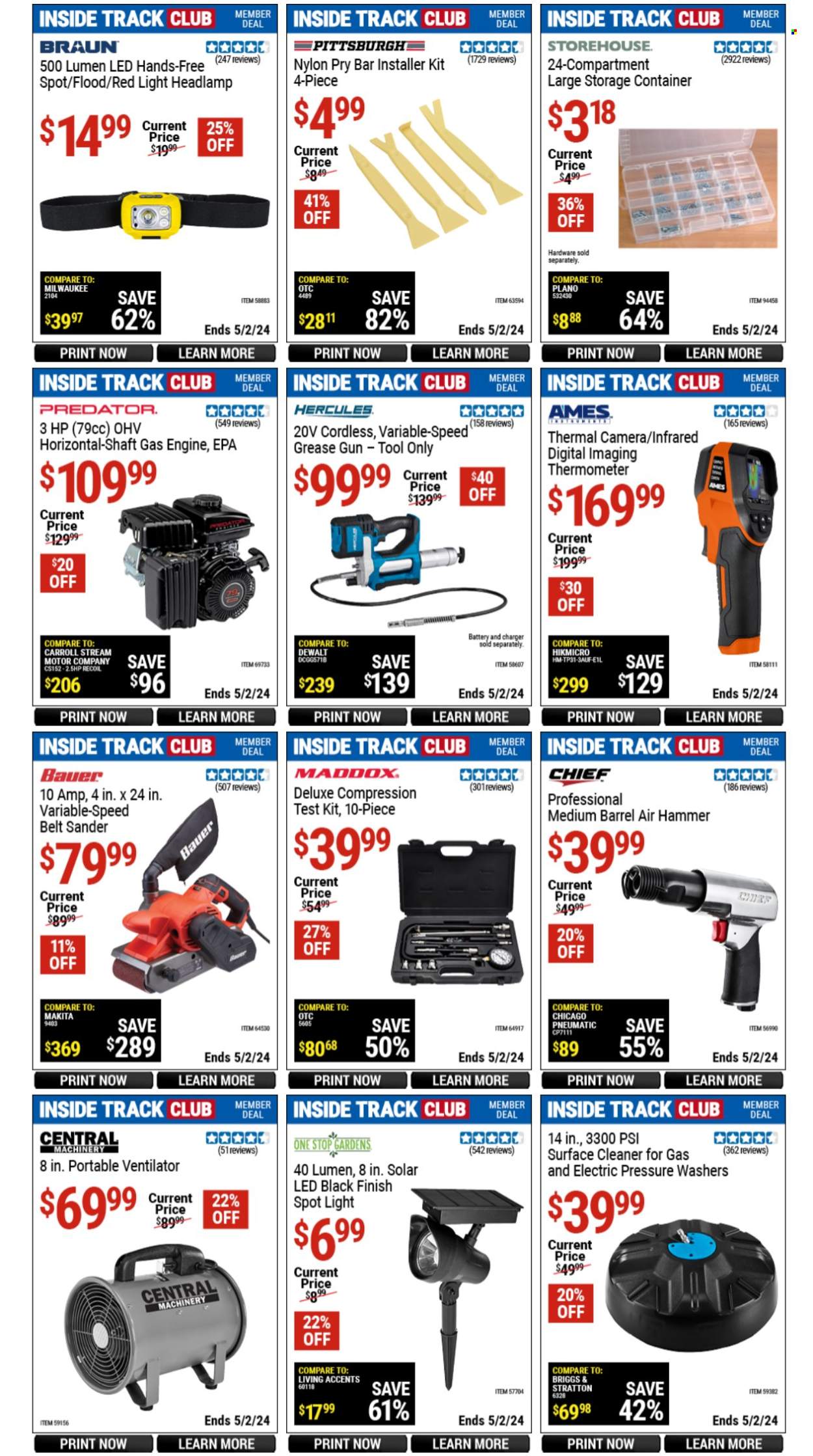 thumbnail - Harbor Freight Flyer - 03/29/2024 - 05/02/2024 - Sales products - thermometer, spotlight, Braun, gun, headlamp, Milwaukee, hammer, belt sander, pry bar, container, cleaner. Page 11.