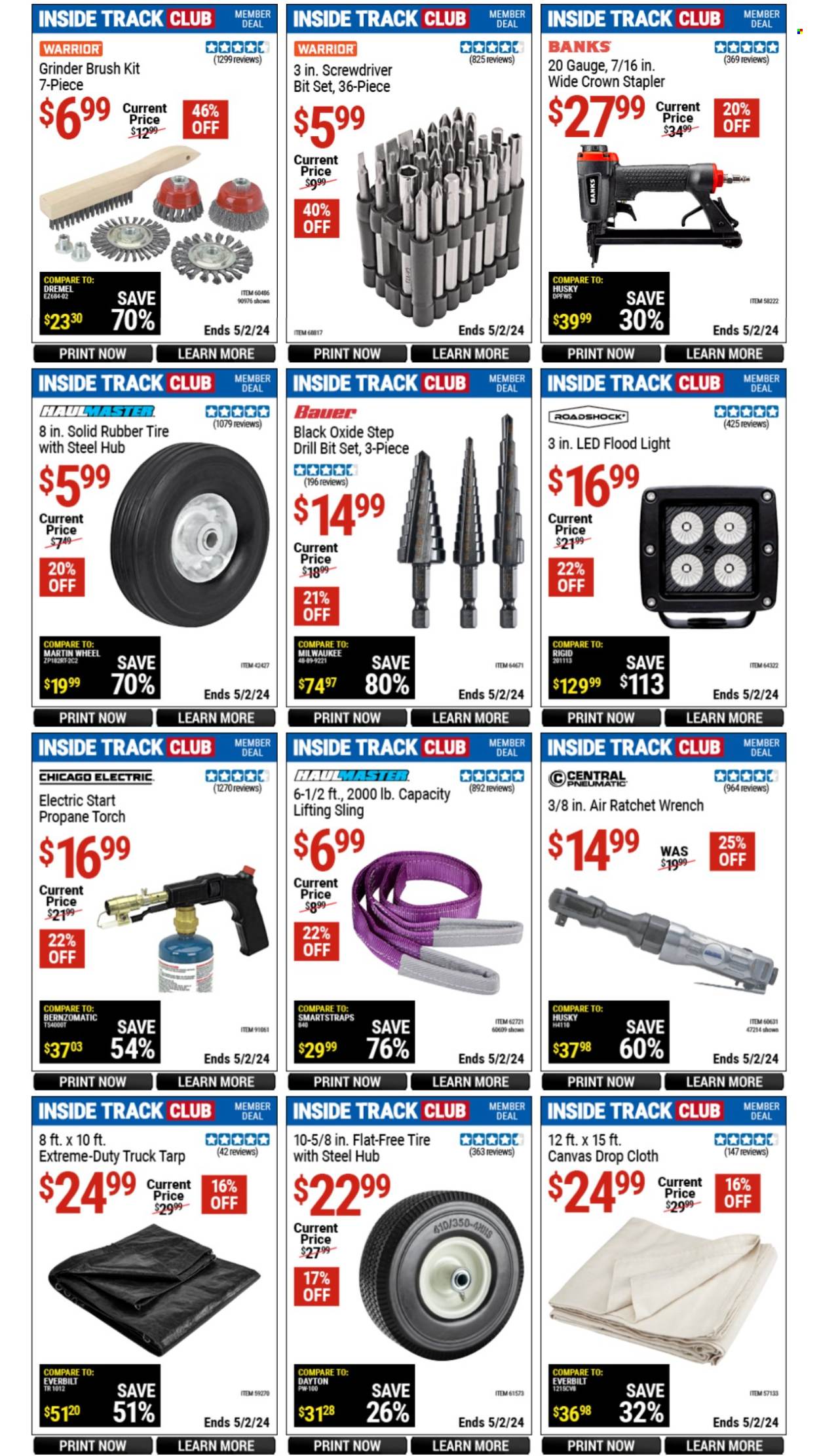 thumbnail - Harbor Freight Flyer - 03/29/2024 - 05/02/2024 - Sales products - torch, floodlight, Milwaukee, screwdriver, wrench, drill bit set, grinder, hand tools, brush, electric start propane torch, bit set, gauge, central pneumatic. Page 13.