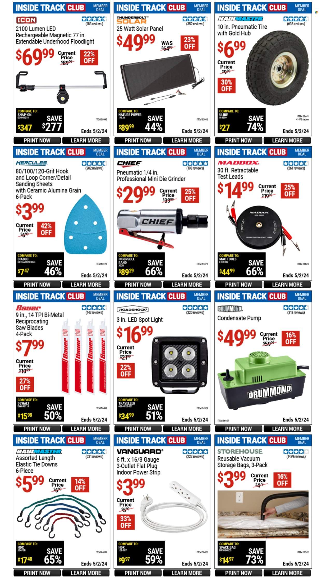 thumbnail - Harbor Freight Flyer - 03/29/2024 - 05/02/2024 - Sales products - hook, storage bag, plug, power strip, spotlight, floodlight, solar panel, grinder, reciprocating saw, gauge, tie downs. Page 14.
