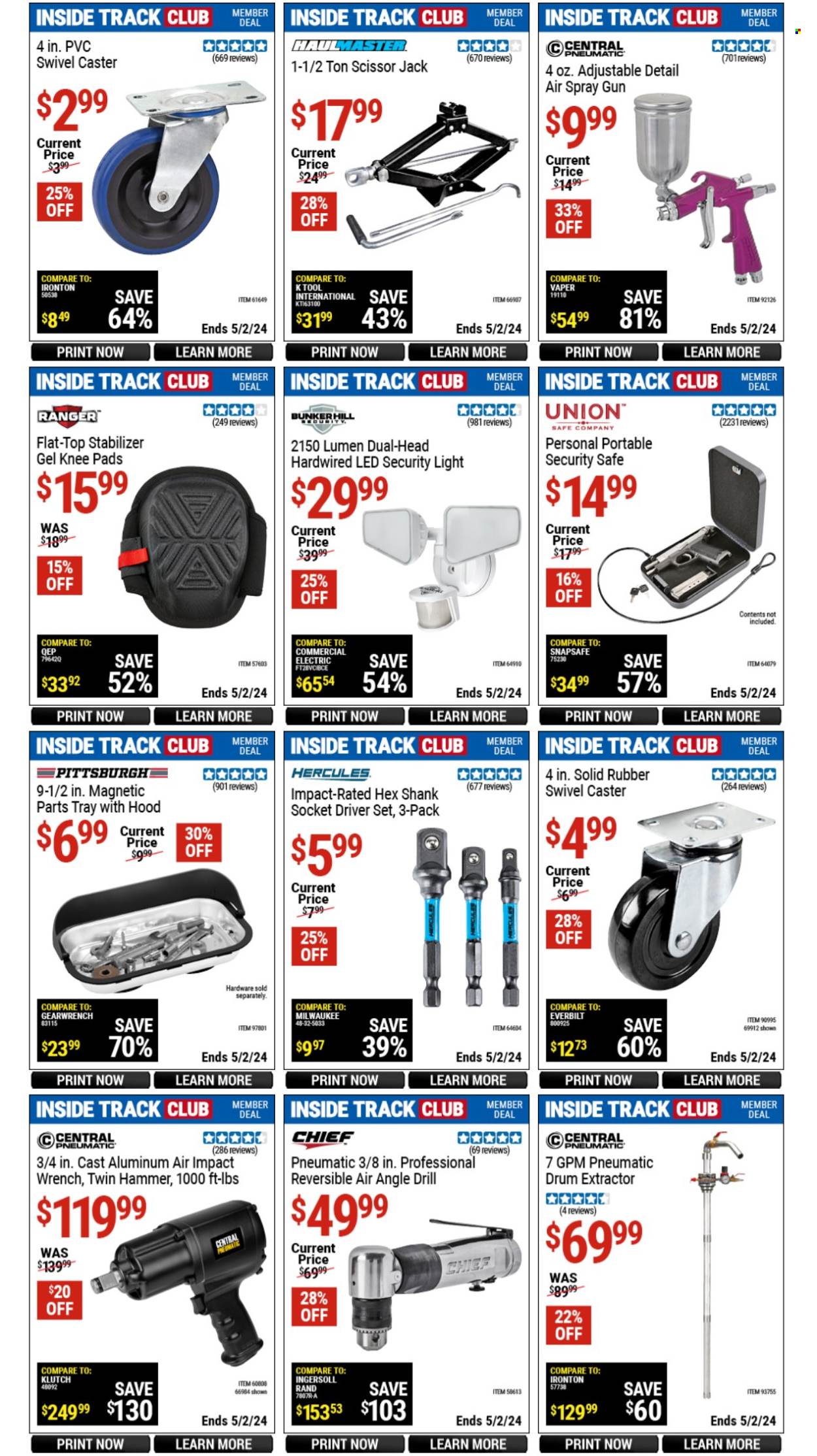 thumbnail - Harbor Freight Flyer - 03/29/2024 - 05/02/2024 - Sales products - knee pads, spray gun, security light, Milwaukee, drill, hammer, wrench, impact wrench, scissors, scissor jack, central pneumatic. Page 15.
