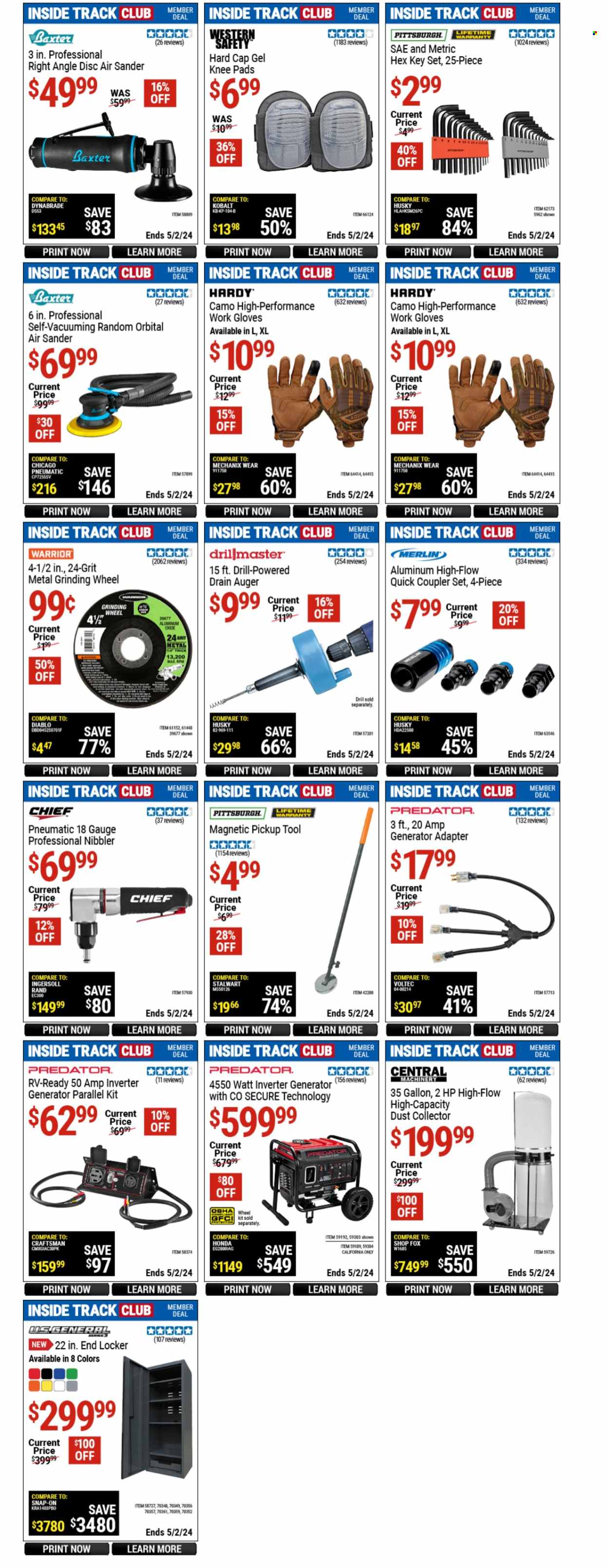 thumbnail - Harbor Freight Flyer - 03/29/2024 - 05/02/2024 - Sales products - gallon, adapter, knee pads, locker, drill, grinding wheel, hand tools, gloves, work gloves, generator, inverter generator, gauge. Page 16.