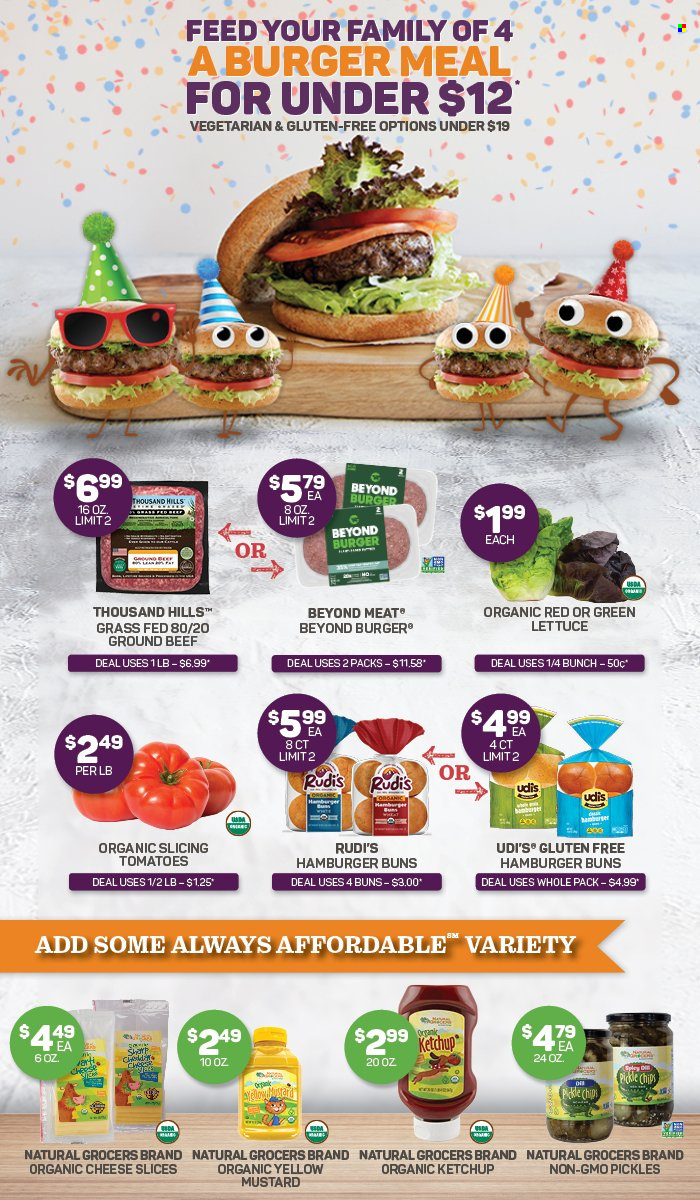 thumbnail - Natural Grocers Flyer - 03/30/2024 - 06/30/2024 - Sales products - buns, burger buns, lettuce, sliced cheese, chips, pickles, pickled vegetables, mustard, ketchup, beef meat, ground beef. Page 2.