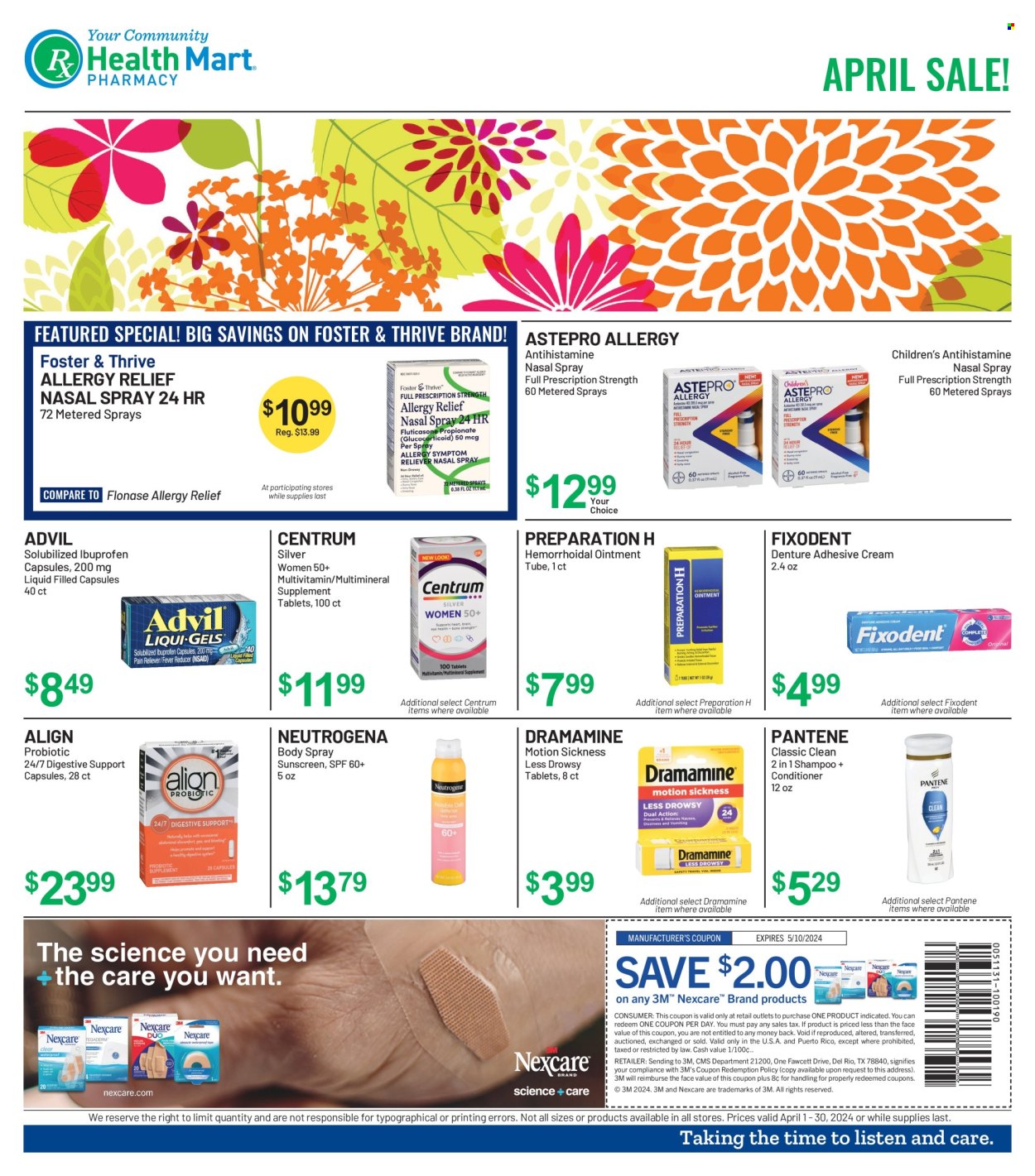 thumbnail - Health Mart Flyer - 04/01/2024 - 04/30/2024 - Sales products - Neutrogena, ointment, multivitamin, Ibuprofen, Advil Rapid, Centrum, nasal spray, allergy relief, allergy control, pain therapy. Page 1.