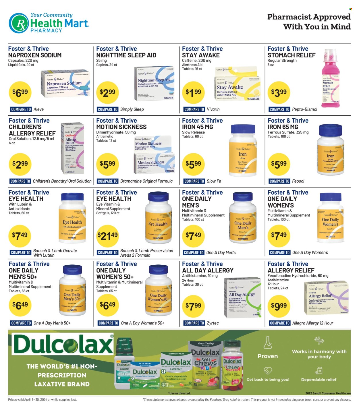 thumbnail - Health Mart Flyer - 04/01/2024 - 04/30/2024 - Sales products - Aleve, multivitamin, Zyrtec, Pepto-bismol, Ocuvite, one daily, allergy relief, health supplement, Benadryl, allergy control, sleep aid product. Page 2.