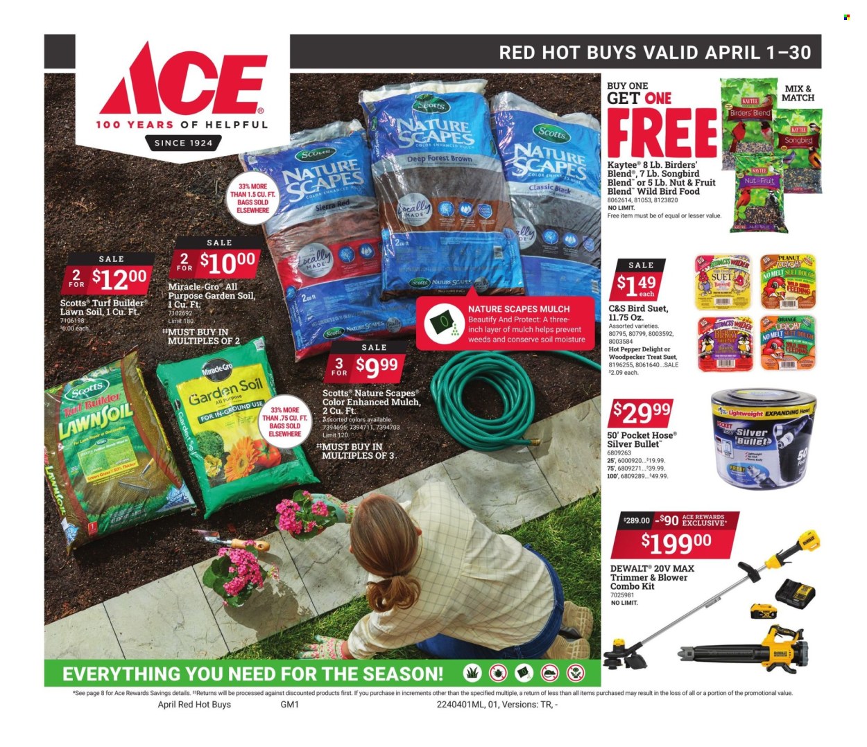 thumbnail - ACE Hardware Flyer - 04/01/2024 - 04/30/2024 - Sales products - Ace, pepper, Kaytee, animal food, bird food, suet, DeWALT, combo kit, blower, turf builder, garden soil, garden mulch, starter. Page 1.