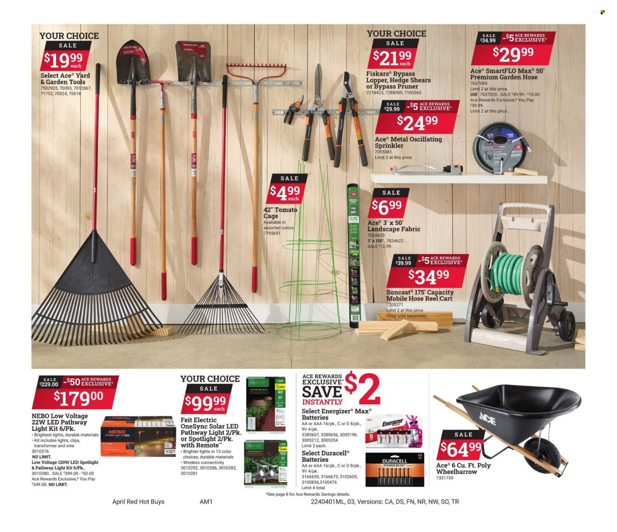 thumbnail - ACE Hardware Flyer - 04/01/2024 - 04/30/2024 - Sales products - Ace, Fiskars, scissors, battery, Duracell, Energizer, spotlight, LED pathway lights, solar led, wheelbarrow, gardening tools, hedge shears, cart, tomato cage, hose reel, garden sprinkler. Page 3.