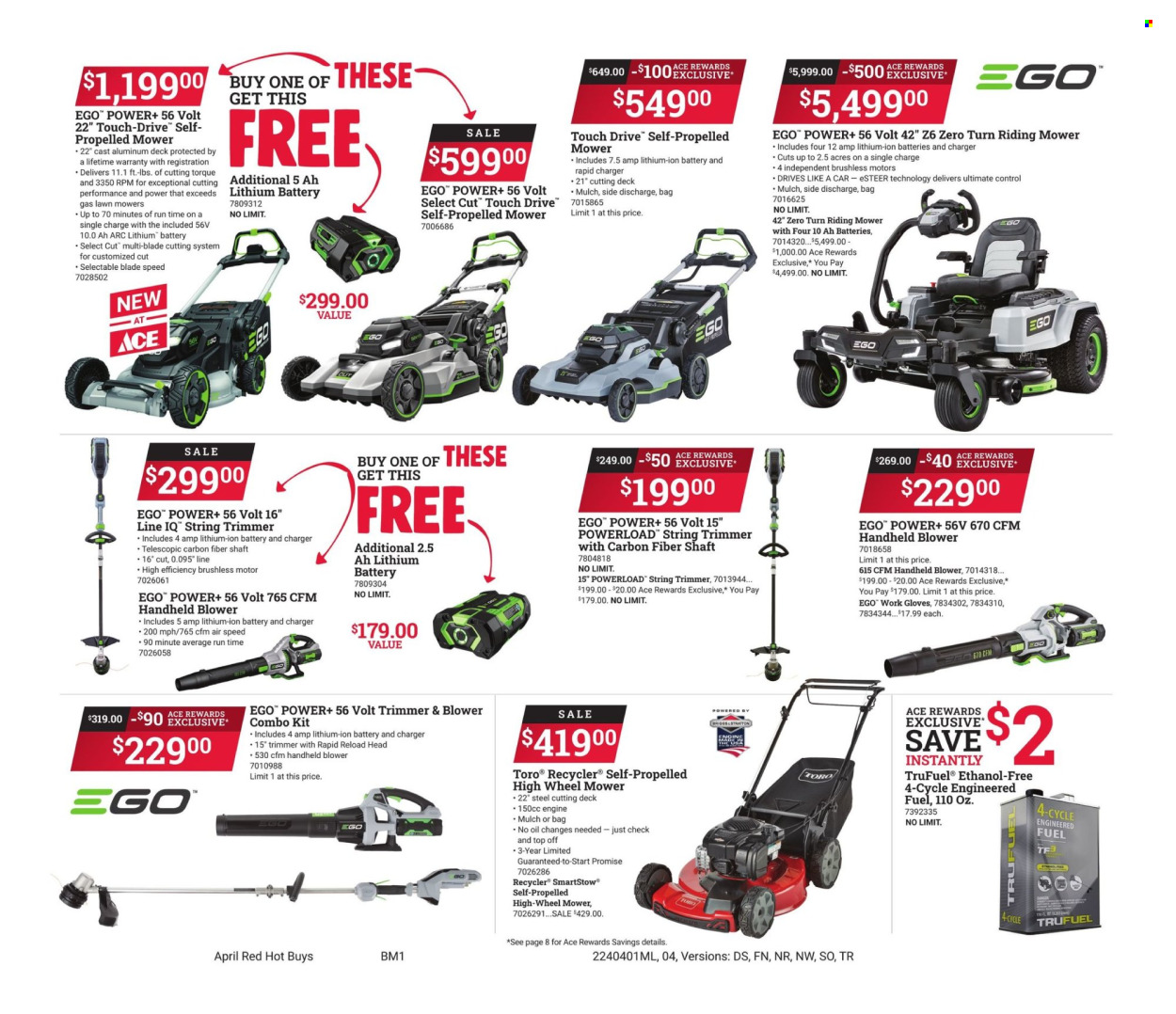 thumbnail - ACE Hardware Flyer - 04/01/2024 - 04/30/2024 - Sales products - Ego, string trimmer, lawn mower, combo kit, blower, work gloves, garden mulch. Page 4.
