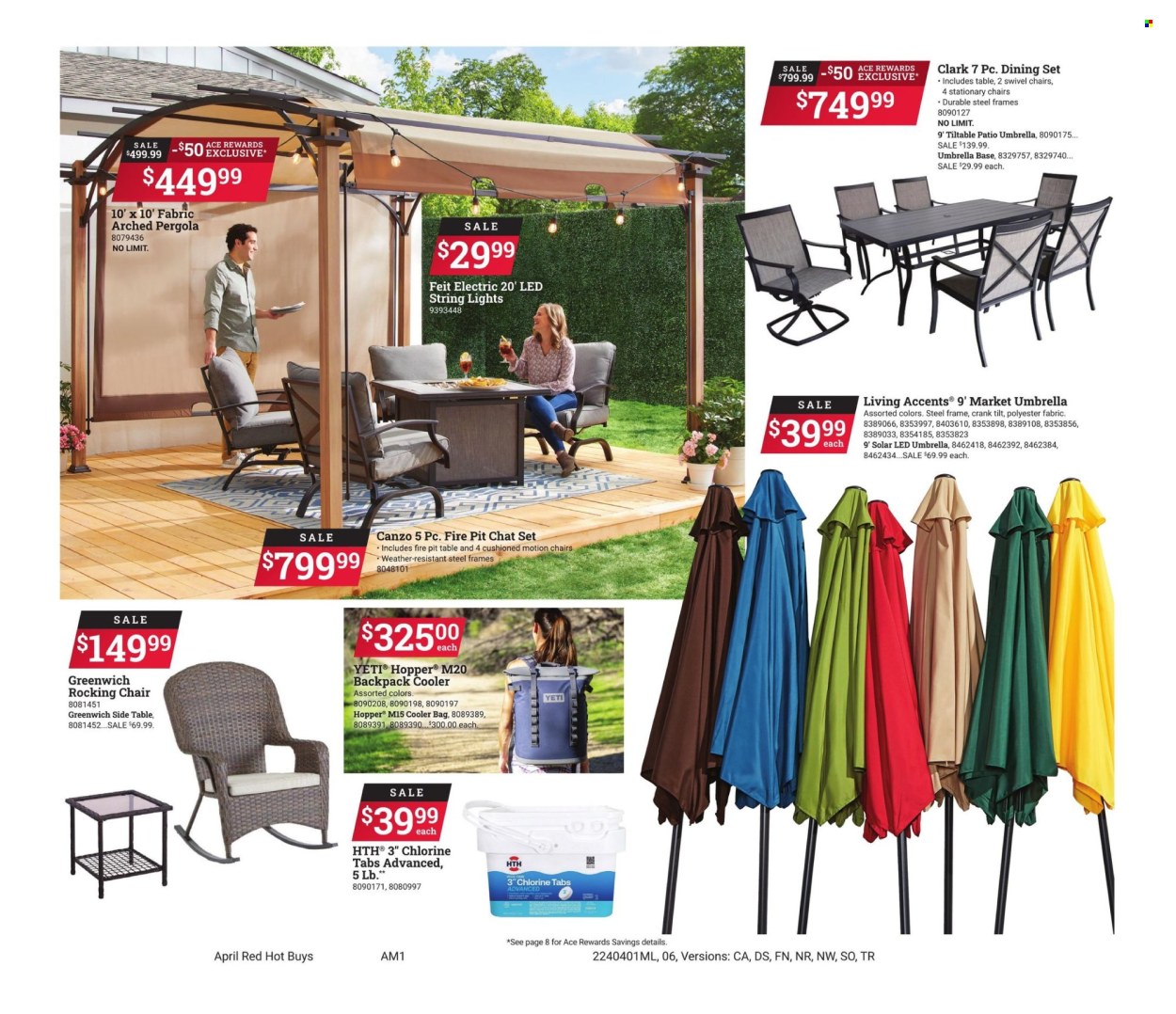 thumbnail - ACE Hardware Flyer - 04/01/2024 - 04/30/2024 - Sales products - Ace, cooler bag, dining set, chair, LED light, solar led, string lights, pergola, umbrella, parasol, fire bowl. Page 6.