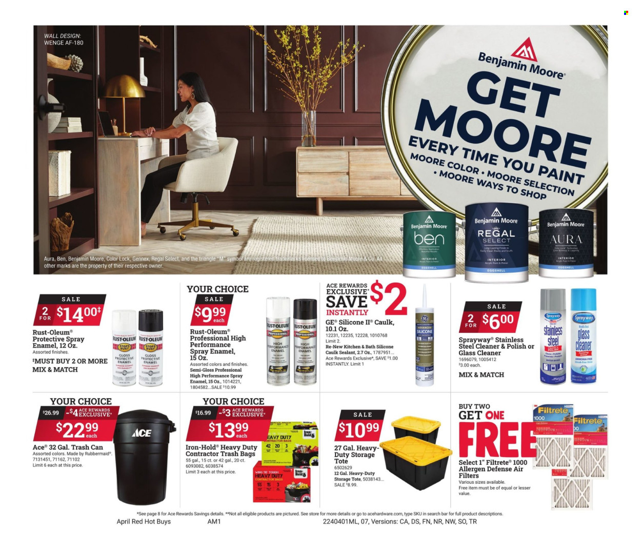 thumbnail - ACE Hardware Flyer - 04/01/2024 - 04/30/2024 - Sales products - Ace, water, cleaner, glass cleaner, bag, trash bags, air filter, trash can, acrylic paint, polish, Benjamin Moore, storage tote. Page 7.