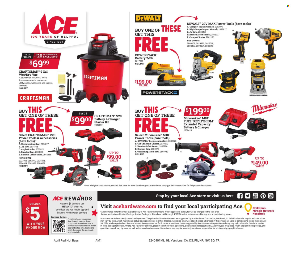 thumbnail - ACE Hardware Flyer - 04/01/2024 - 04/30/2024 - Sales products - tools & accessories, Orbit, router, vacuum cleaner, Milwaukee, DeWALT, power tools, Craftsman, impact wrench, random orbit sander, circular saw, angle grinder, jig saw, reciprocating saw, multi-tool. Page 8.