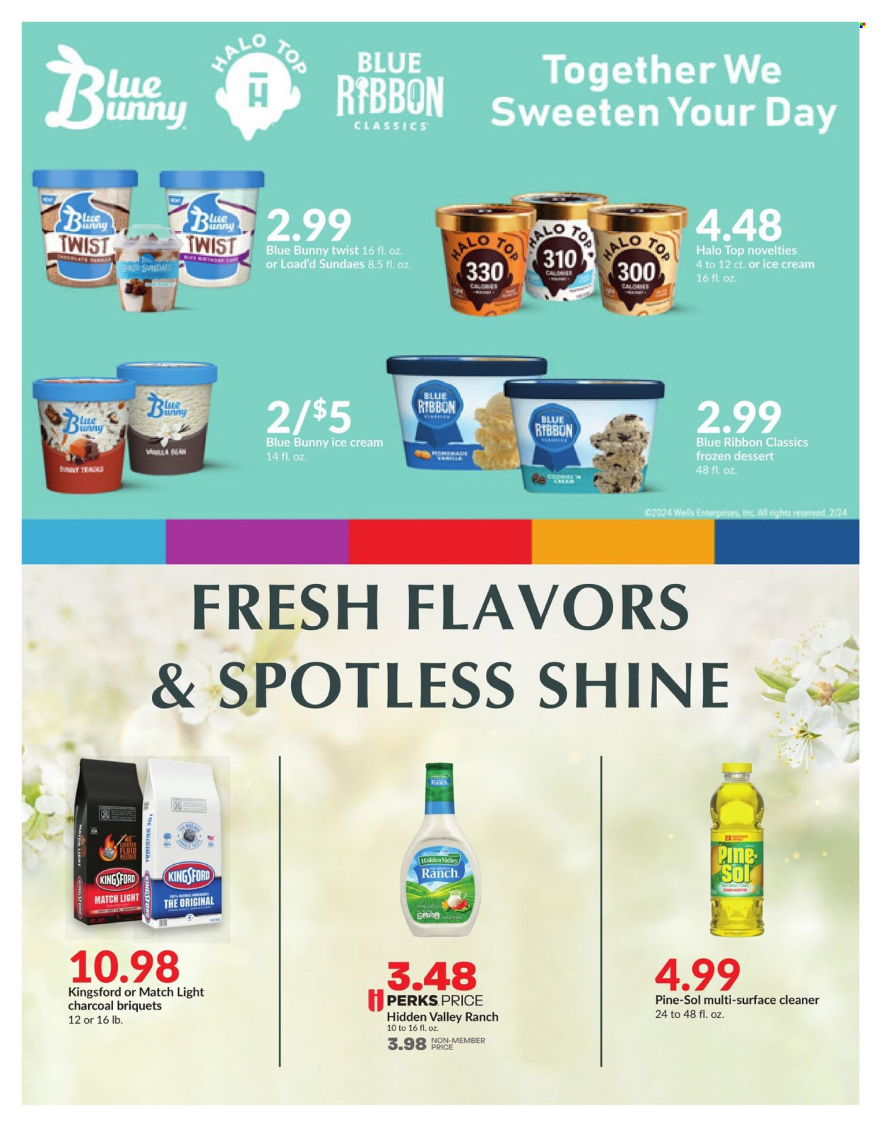 thumbnail - Hy-Vee Flyer - 04/01/2024 - 04/30/2024 - Sales products - Blue Ribbon, Kingsford, ice cream, Blue Bunny, frozen dessert, pads, surface cleaner, cleaner, all purpose cleaner, Pine-Sol. Page 4.
