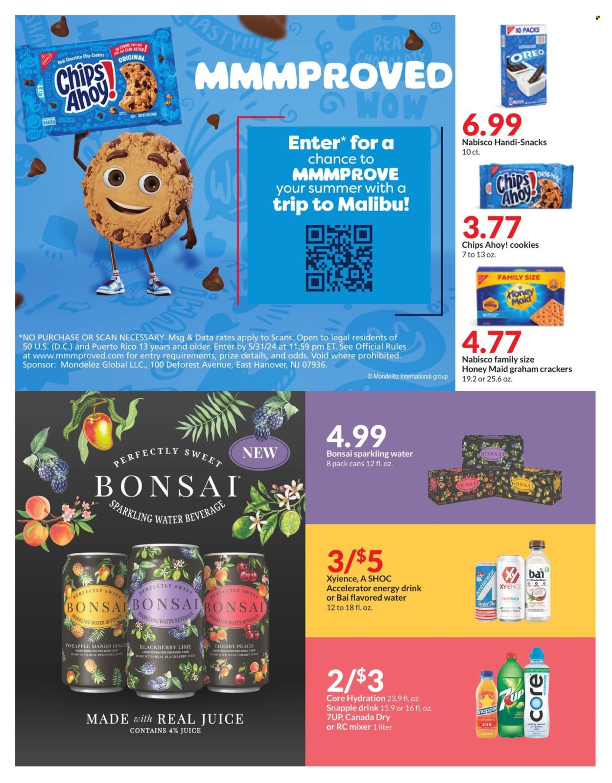 thumbnail - Hy-Vee Flyer - 04/01/2024 - 04/30/2024 - Sales products - ginger, snack, Oreo, shake, cookies, graham crackers, crackers, Chips Ahoy!, Nabisco, Honey Maid, Canada Dry, ginger ale, pineapple juice, cherry juice, juice, energy drink, fruit drink, soft drink, 7UP, Snapple, Bai, antioxidant drink, flavored water, sparkling water, water, carbonated soft drink, Malibu, mixer, bonsai tree. Page 6.