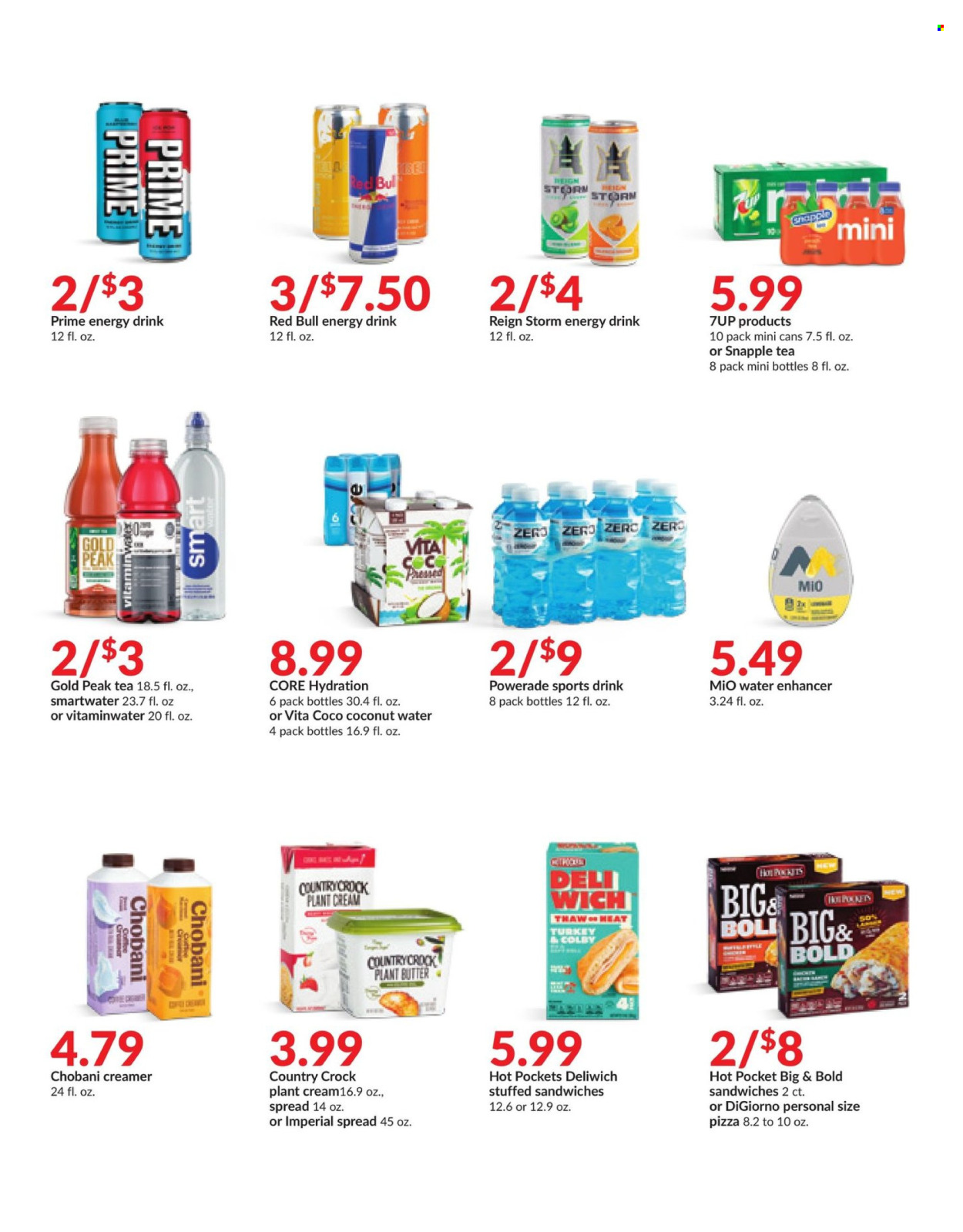 thumbnail - Hy-Vee Flyer - 04/01/2024 - 04/30/2024 - Sales products - hot pocket, pizza, sandwich, ready meal, plant based product, Colby cheese, Chobani, butter, creamer, plant-based cream, syrup, Powerade, energy drink, ice tea, coconut water, soft drink, 7UP, Red Bull, Snapple, Gold Peak Tea, electrolyte drink, bottled water, Smartwater, vitamin water, carbonated soft drink, coffee, turkey. Page 10.